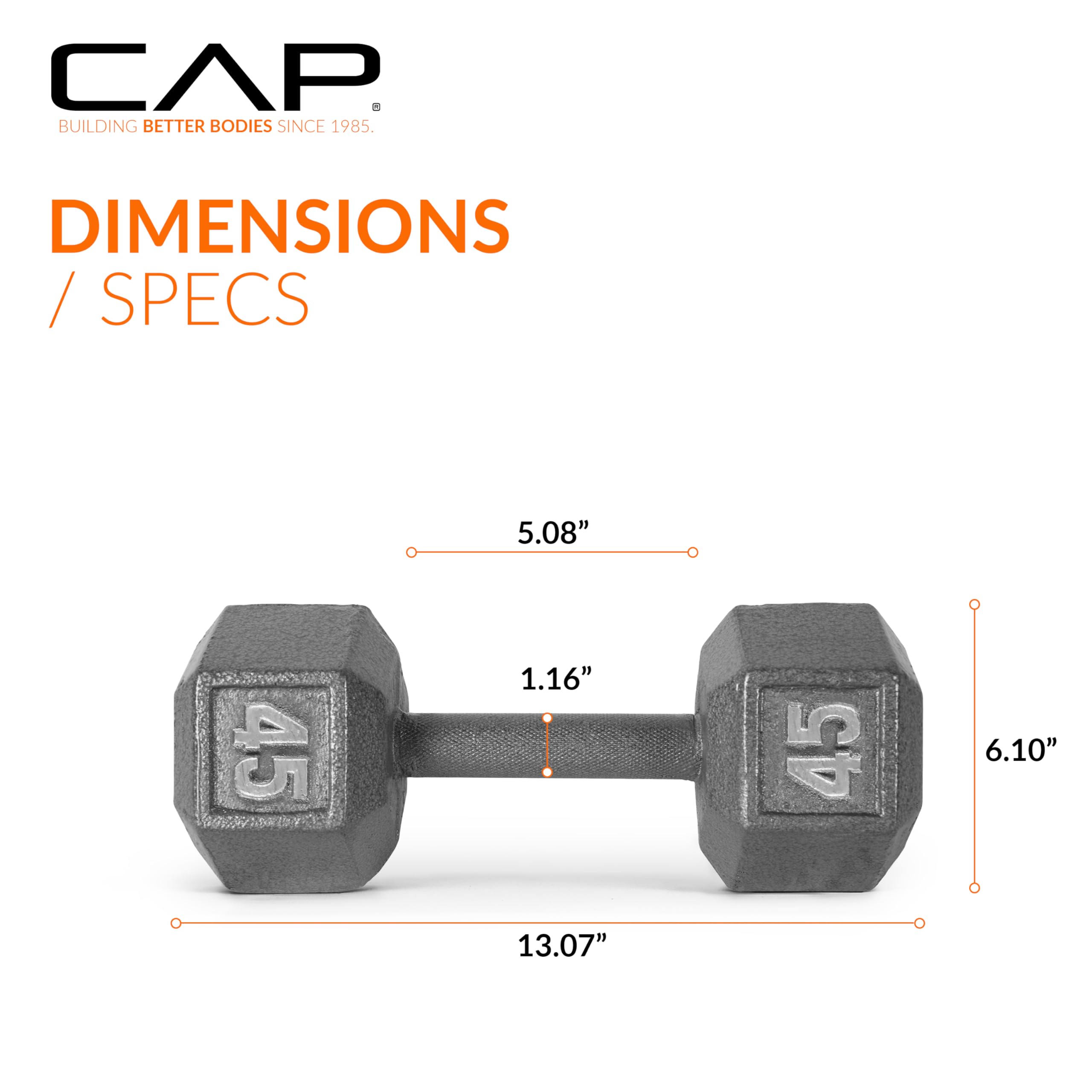 CAP Barbell 45 LB Cast Iron Hex Dumbbell Hand Weight - Pair | Grey