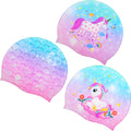 Syhood 3 Pcs Kids Swim Caps Baby Waterproof Bathing Caps Children Cartoon Swimming Hat for Long Short Hair Kids Boys Girls (Radi