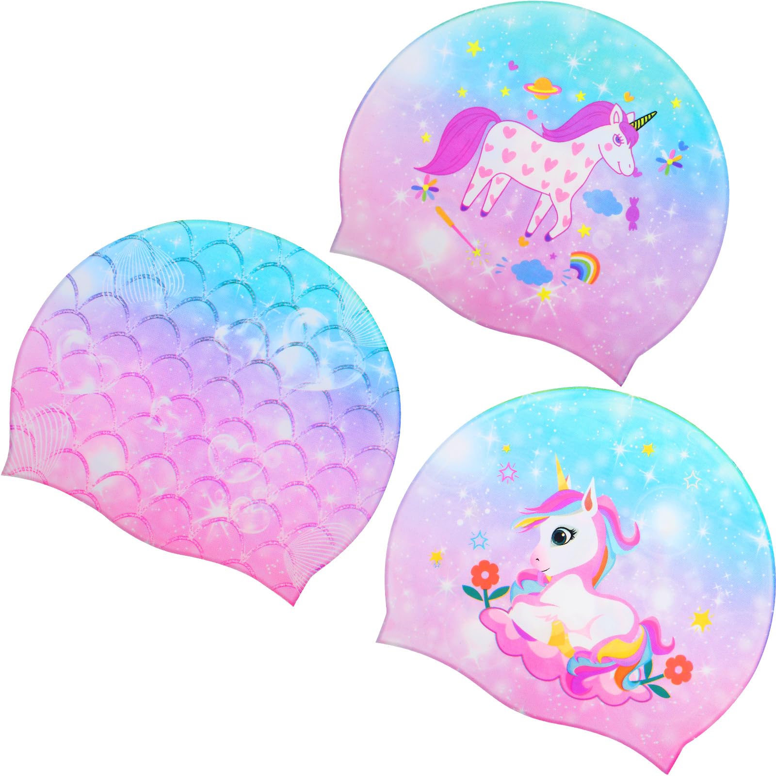 Syhood 3 Pcs Kids Swim Caps Baby Waterproof Bathing Caps Children Cartoon Swimming Hat for Long Short Hair Kids Boys Girls (Radi