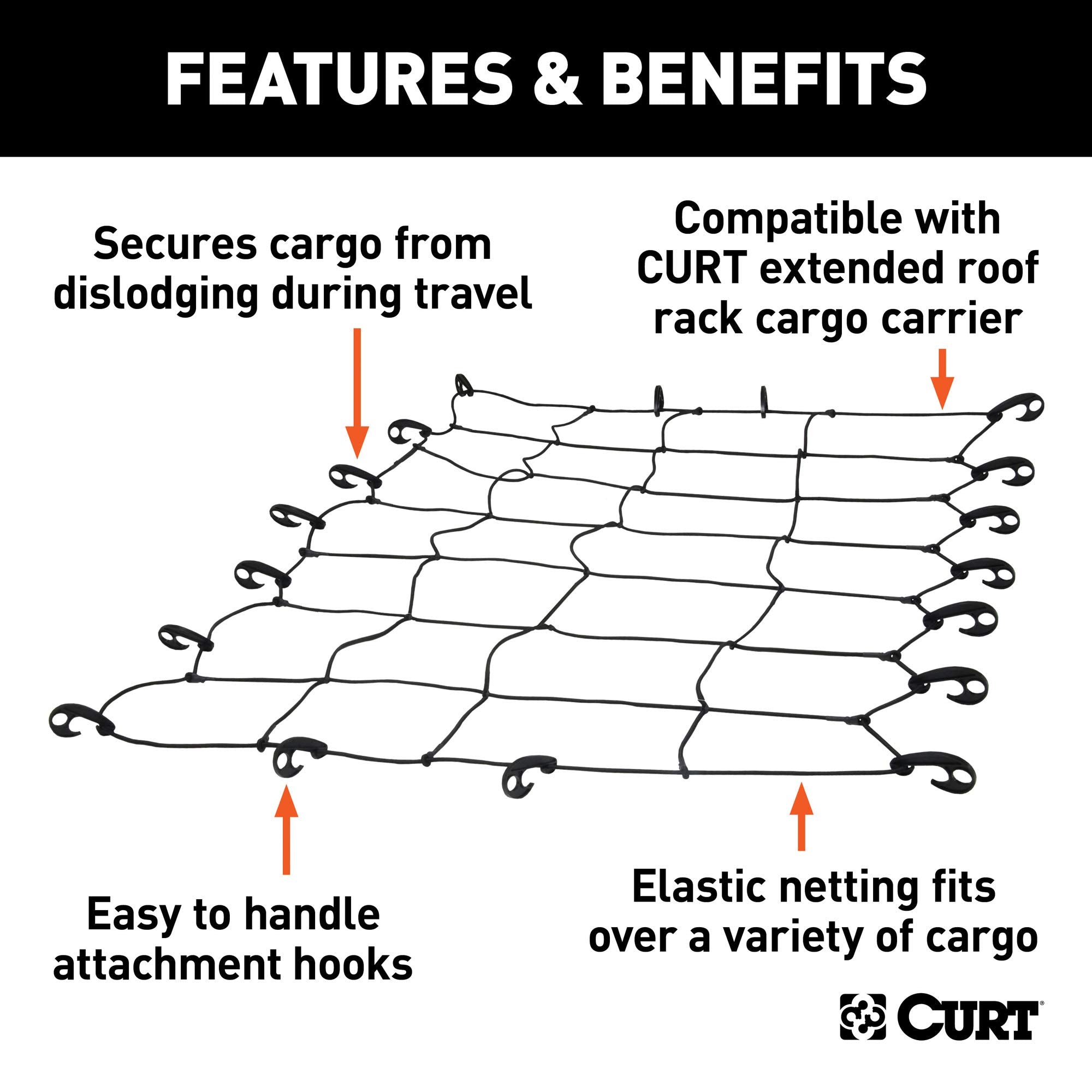 Curt 18201 65 X 38-Inch Elastic Cargo Net With Hooks For Roof Basket