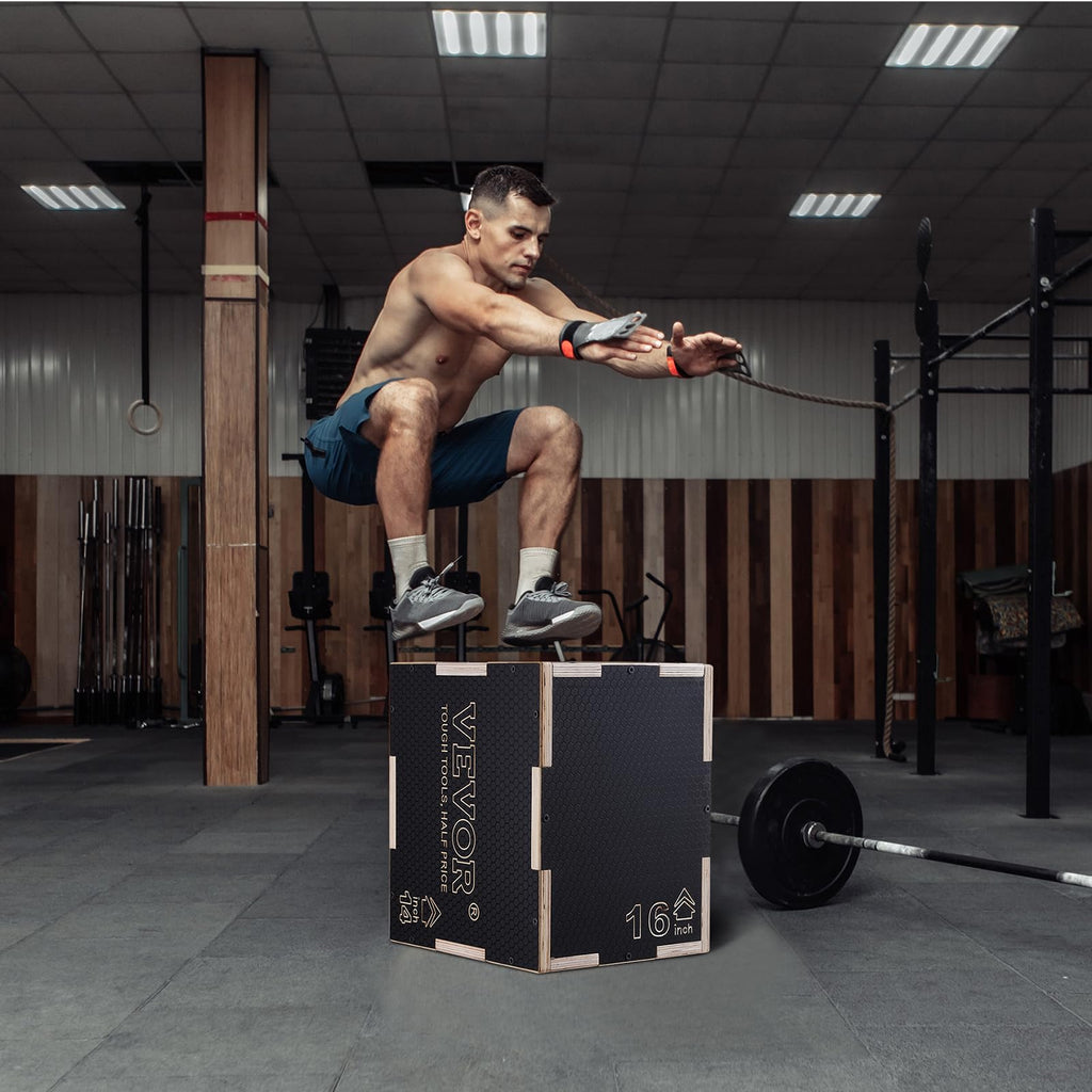 Vevor 3 In 1 Plyometric Jump Box, 16/14/12 Inch Wooden Plyo Box, Platform & Jumping Agility Box, Anti-Slip Fitness Exercise Step