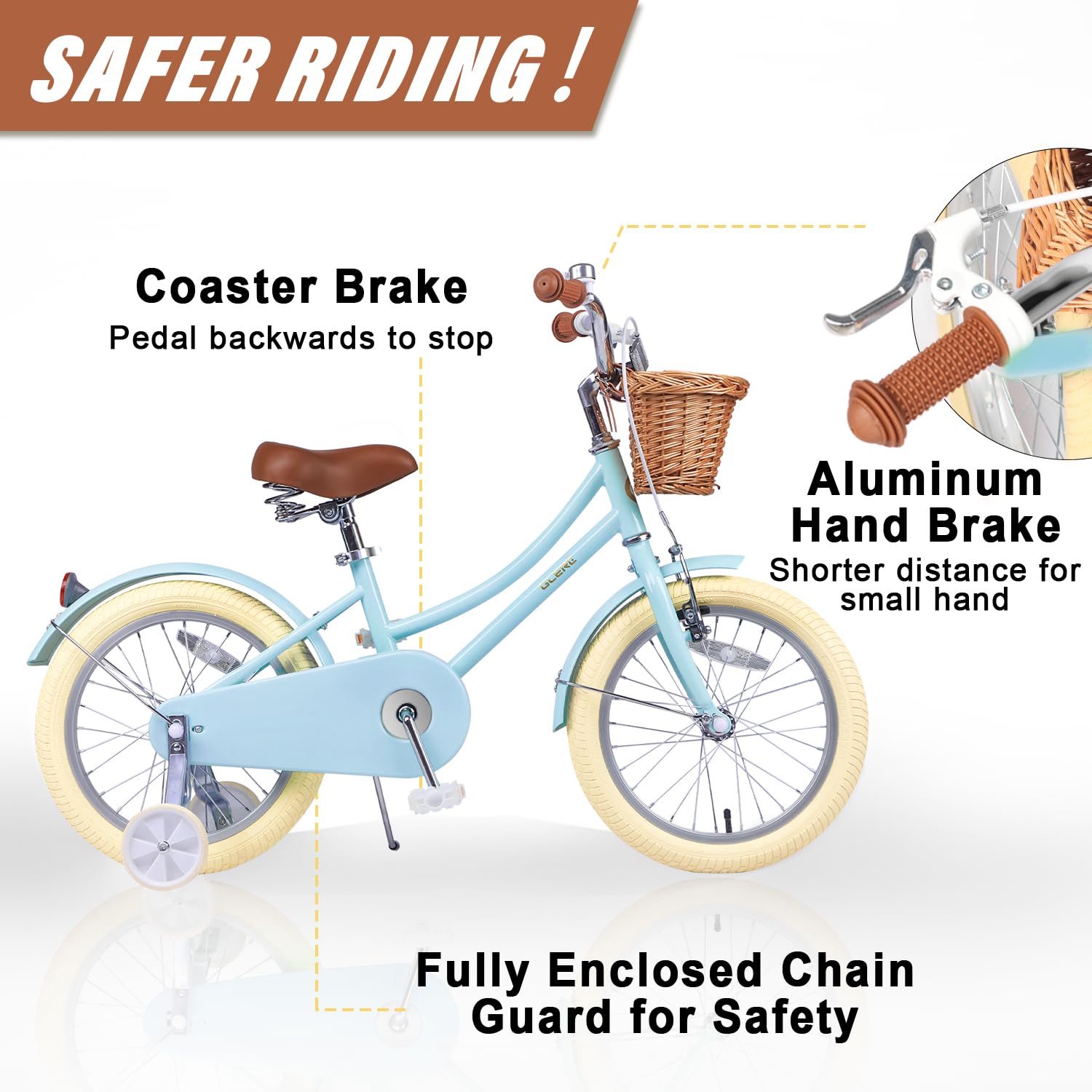 Glerc Little Molly 16 Inch Kids Bike, Retro Cruiser Girls Bike for Children Ages 4-7 Years Old, Kids Bicycle with Wicker Basket