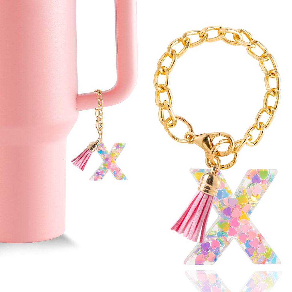Letter Charm Accessories for Stanley Cup 1 PCS Cute Initial Keychain Handle Charm for Stanley Tumbler for Women Pink Letter X