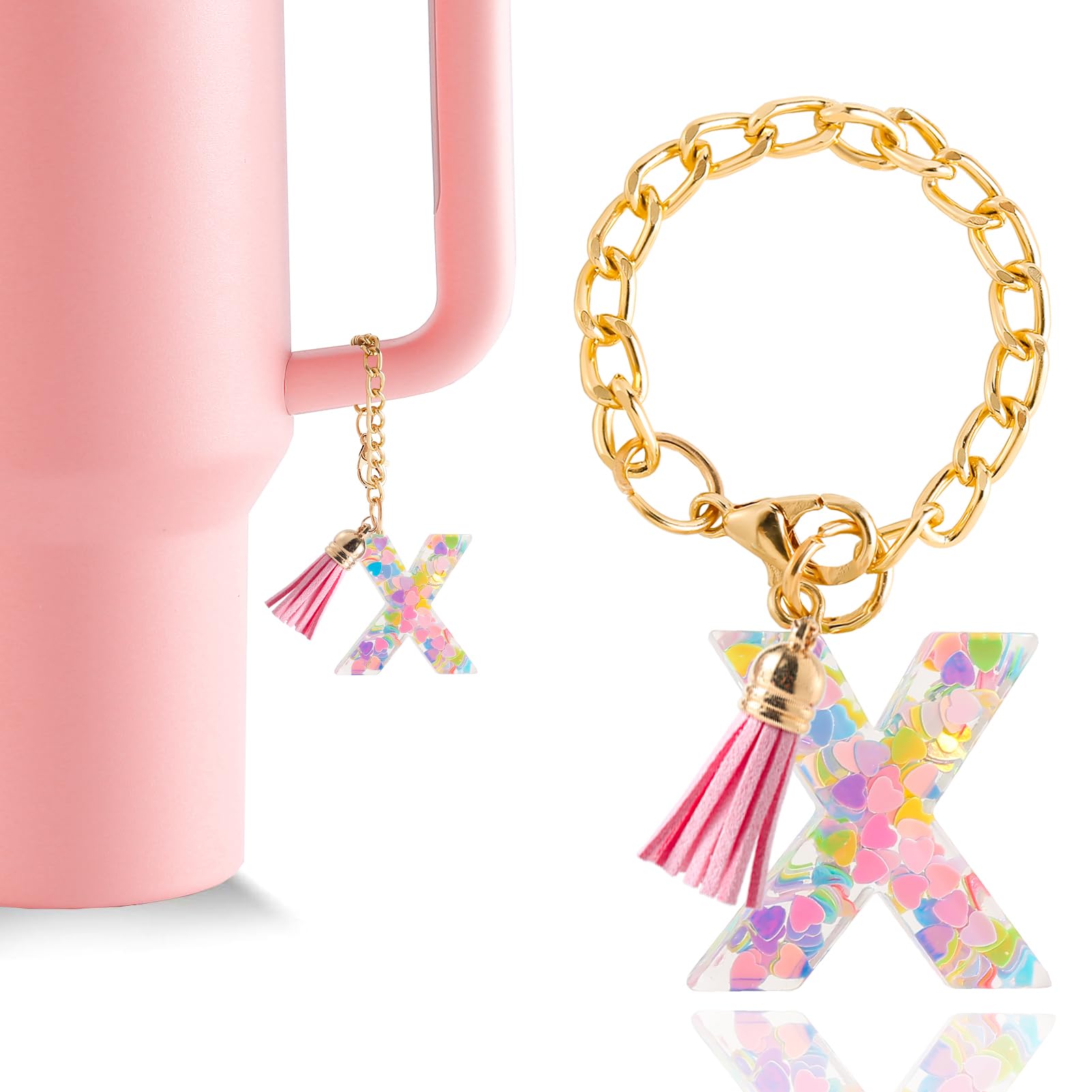 Letter Charm Accessories for Stanley Cup 1 PCS Cute Initial Keychain Handle Charm for Stanley Tumbler for Women Pink Letter X