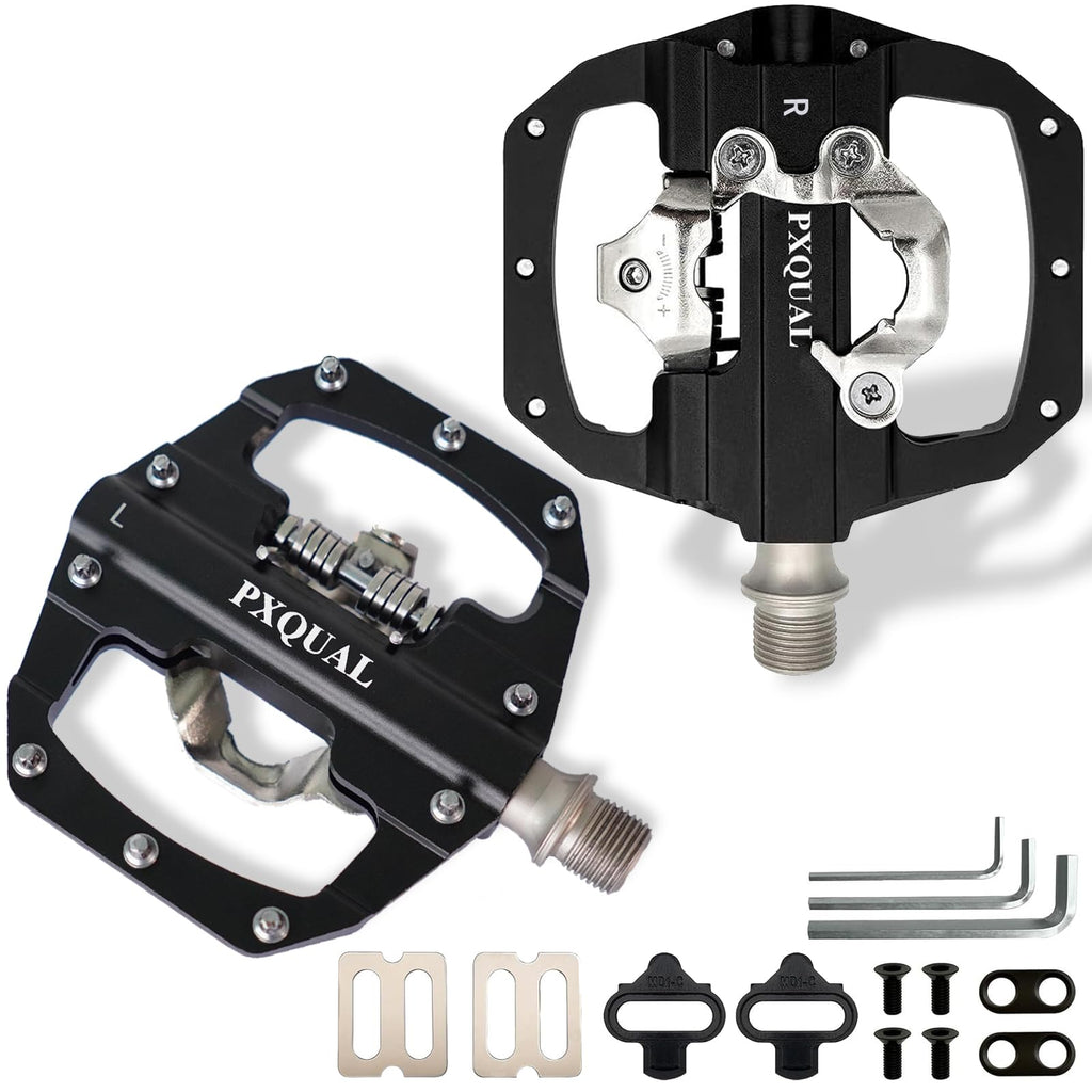 Pxqual SPD Bike Pedals - SPD Clipless & Flat Platform Combo Pedals for MTB & Road Bikes,9/16 Aluminum Alloy Sealed Bearing, Easy