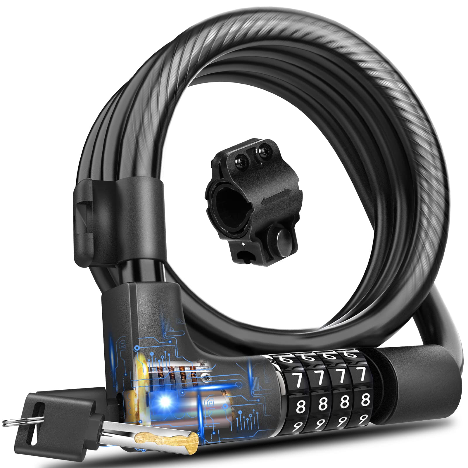 KEYSTP Bike Lock Cable with Combination & Key, Password Lost Retrievable Bicycle Lock Anti-Theft, Coiled Secure Resettable Bike 