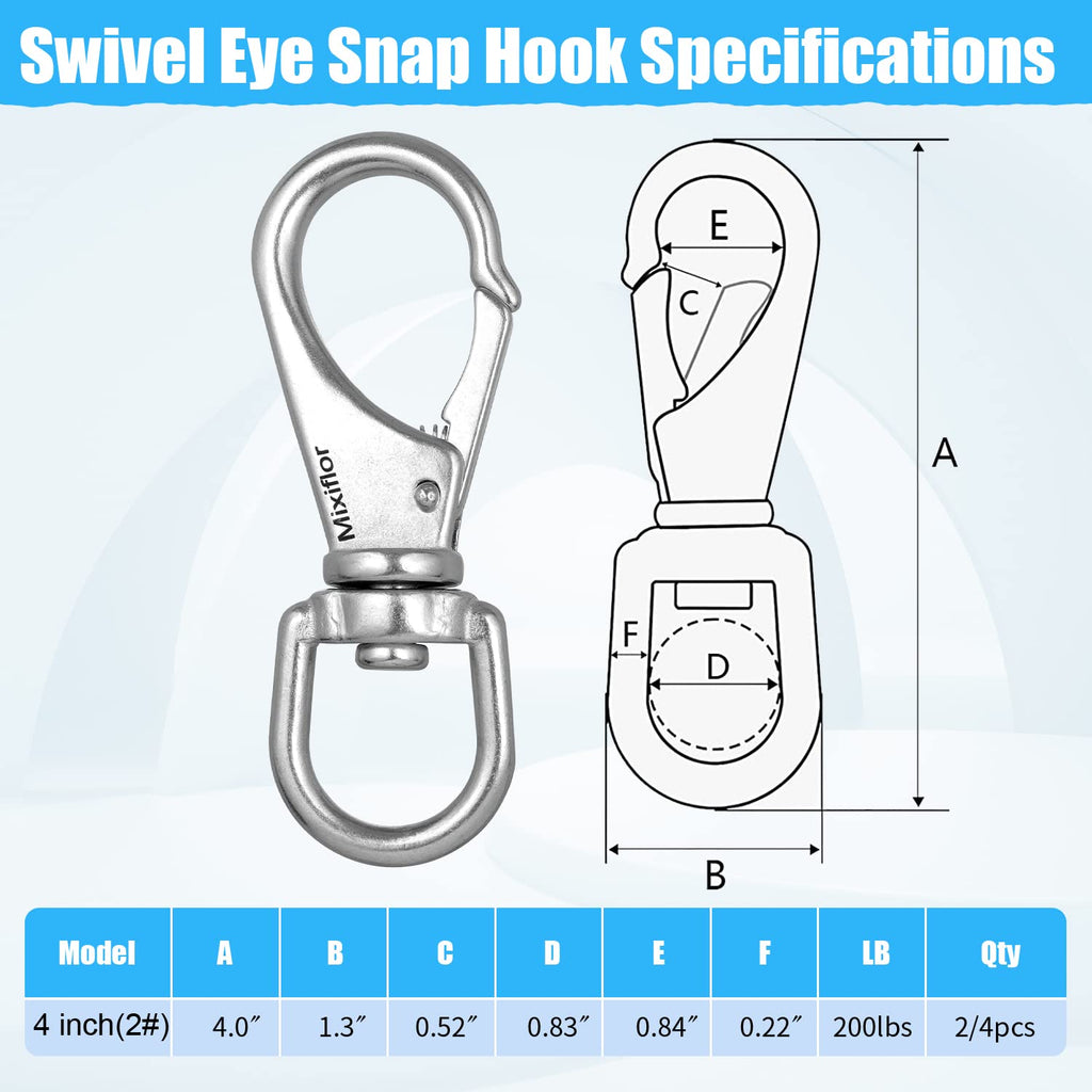 Mixiflor Stainless Steel Swivel Eye Snap Hook, 4 Pack (4 Inch) Swivel Snap Hook Flag Pole Clips, Rotating Diving Clips Spring Ho