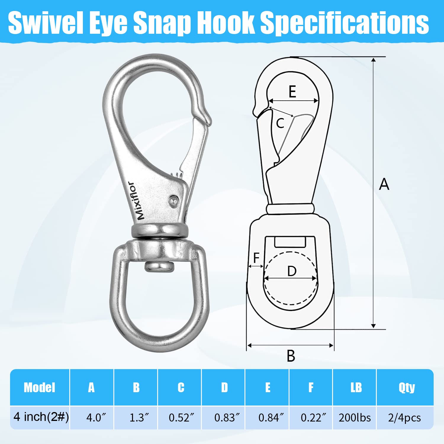 Mixiflor Stainless Steel Swivel Eye Snap Hook, 4 Pack (4 Inch) Swivel Snap Hook Flag Pole Clips, Rotating Diving Clips Spring Ho