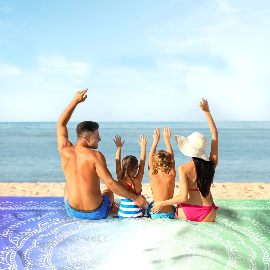 Sunlit 10'X9' Extra Large Boho Sand Proof Beach Blanket, Sand Proof Mat With Corner Pockets And Mesh Bag For Beach Party, Travel