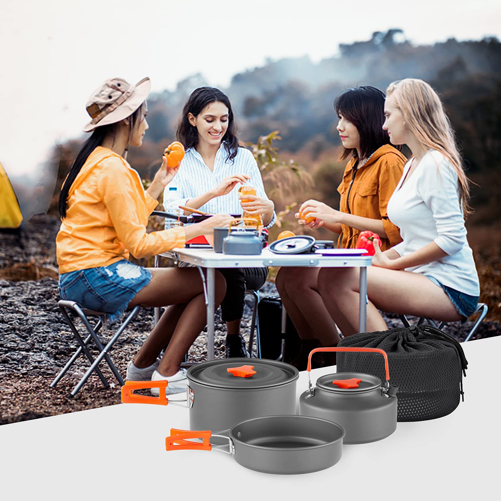Yeto Camping Cookware Set Hard-Anodized Aluminum Foldable Backpacking Camping Pots And Frying Pans Cooking Camp Kitchen Camping