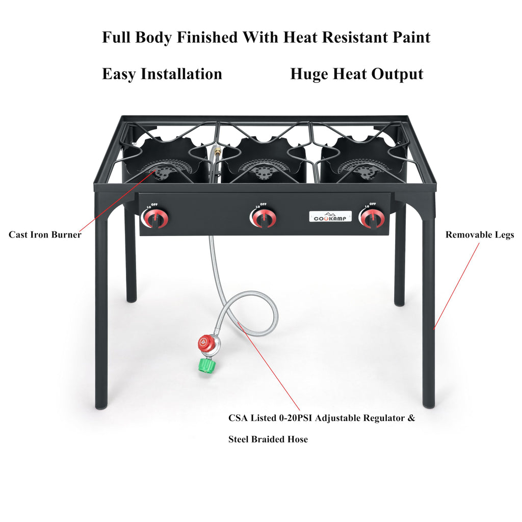 Cookamp High Pressure Triple Propane Burner Outdoor Propane Camping Stove With 0-20 Psi Adjustable High Pressuer Regulator And S