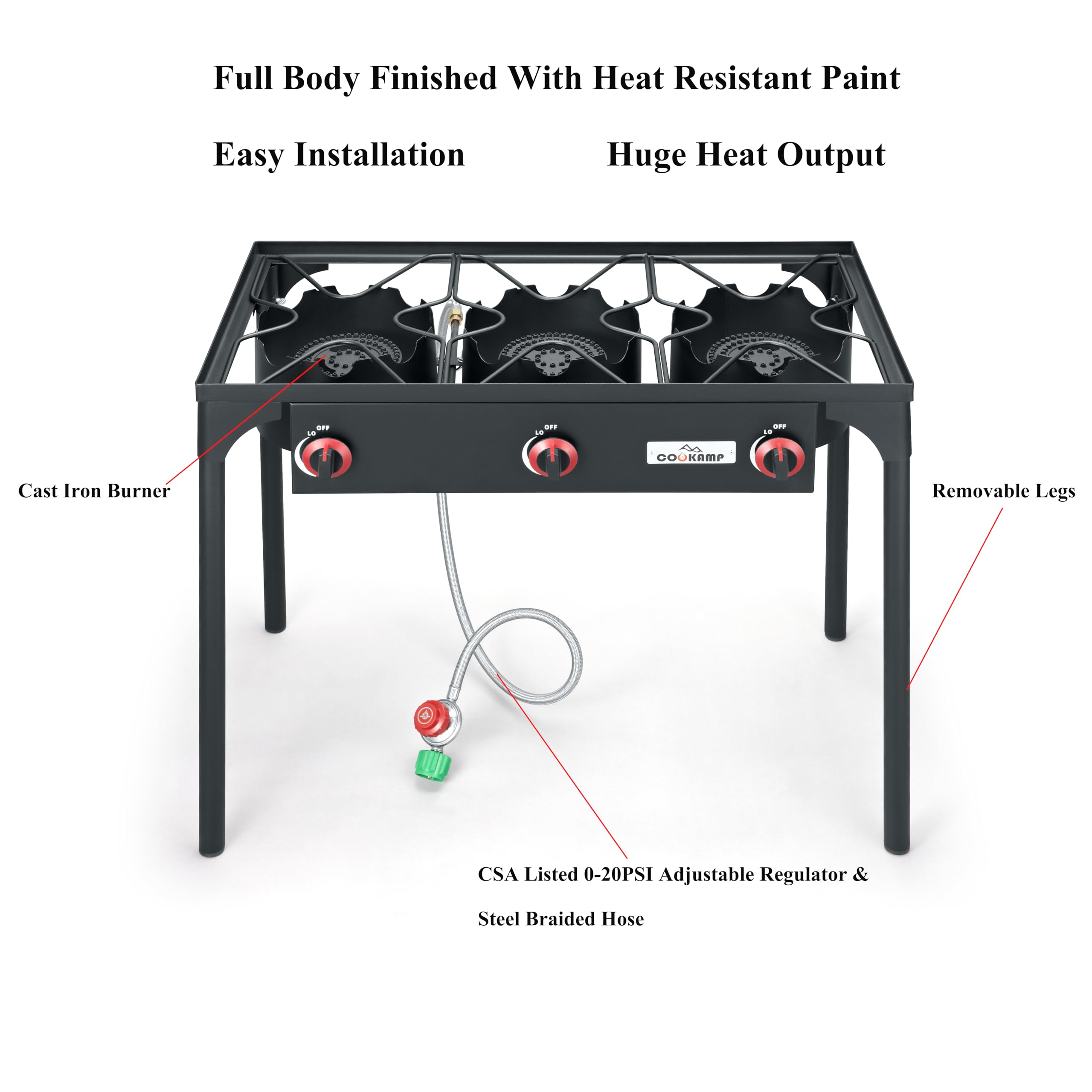 Cookamp High Pressure Triple Propane Burner Outdoor Propane Camping Stove With 0-20 Psi Adjustable High Pressuer Regulator And S