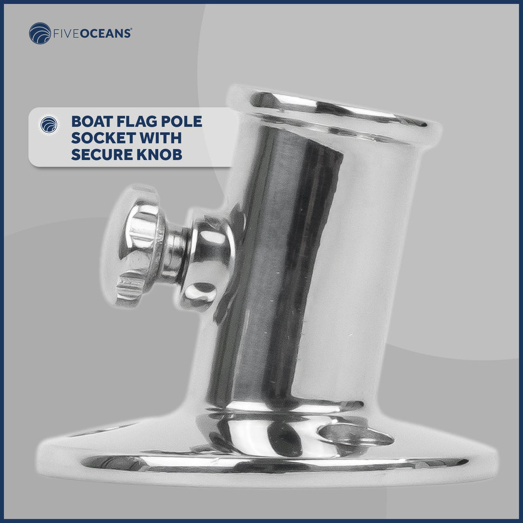 Five Oceans Boat Flag Pole Socket, Flag Pole Holder With Knob, Top Mount, Marine Grade Heavy Duty Stainless Steel, Fits 3/4 Inch
