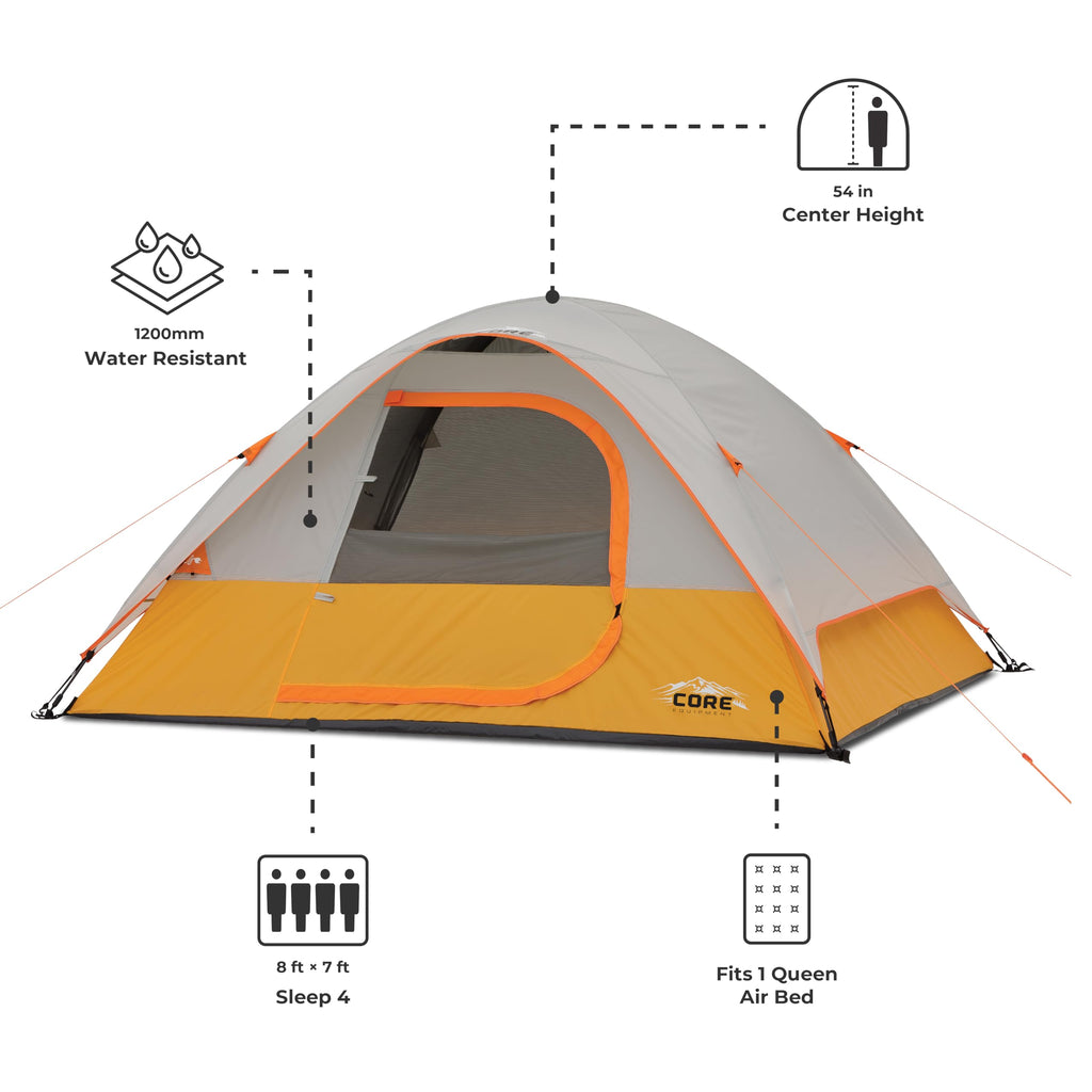 Core Tent 4 Person For Outdoor Family, Hiking, And Backpacking | Portable Dome Camp Tent With Storage Pockets For Camping Access