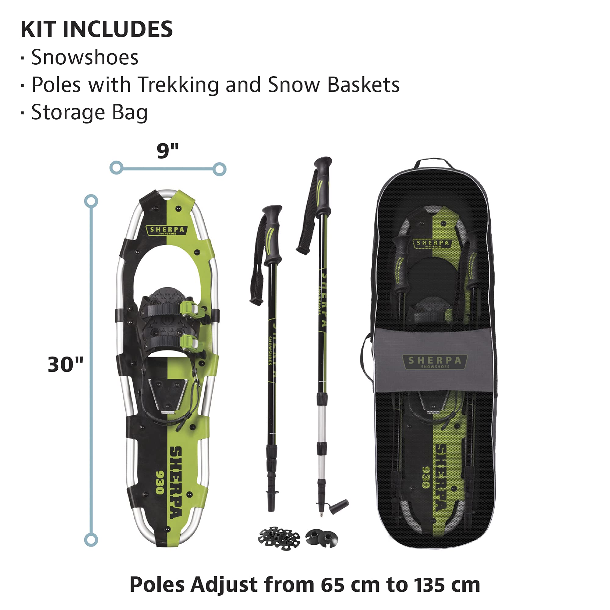 Yukon Charlie'S Sherpa Snowshoe Kit, 9-Inch X 30-Inch, Includes Snowshoes, Trekking Poles And Travel Bag