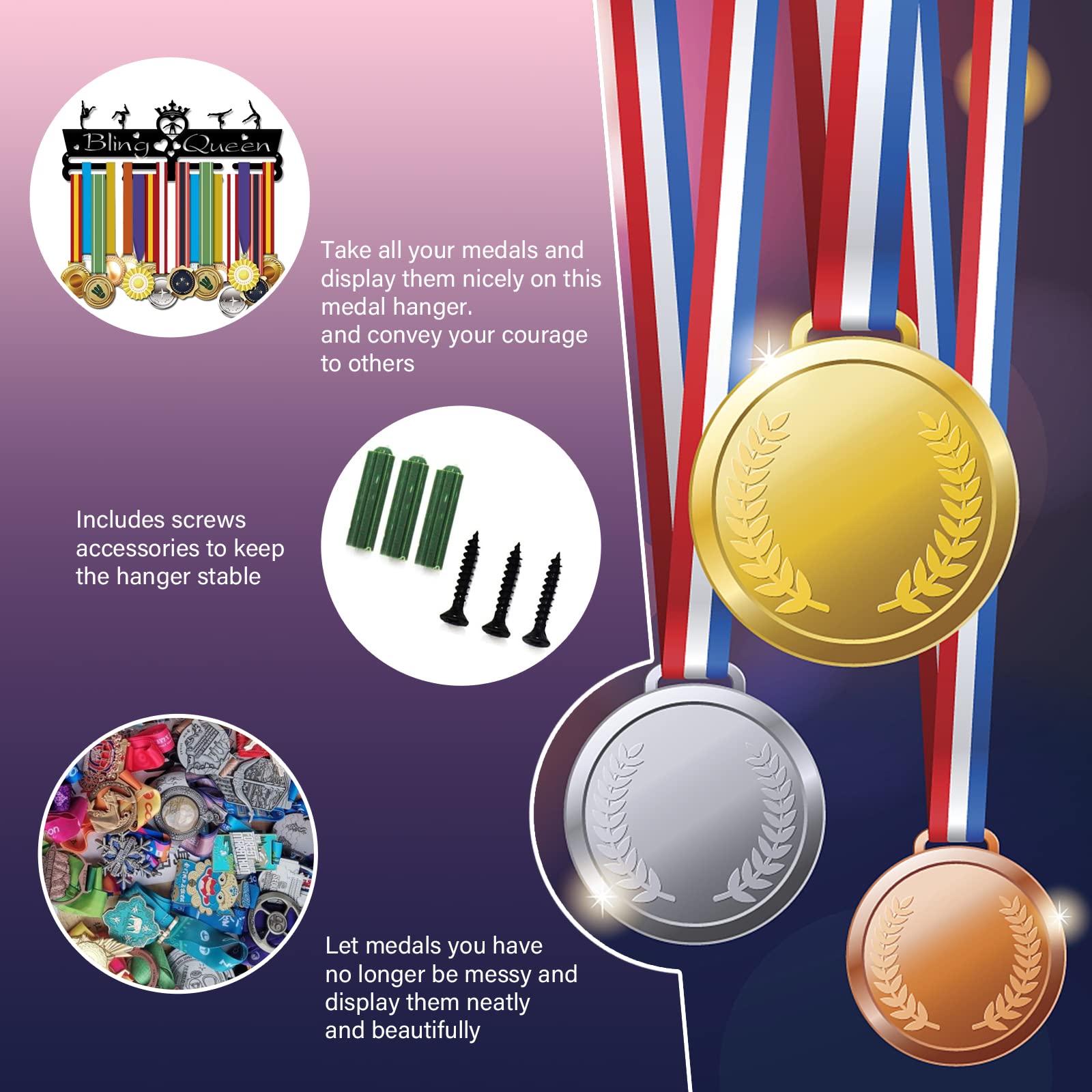 Superdant Medal Holder Gymnastics Medals Display Motivating Word Bling Queen Black Iron Wall Mounted Hooks For Competition Medal