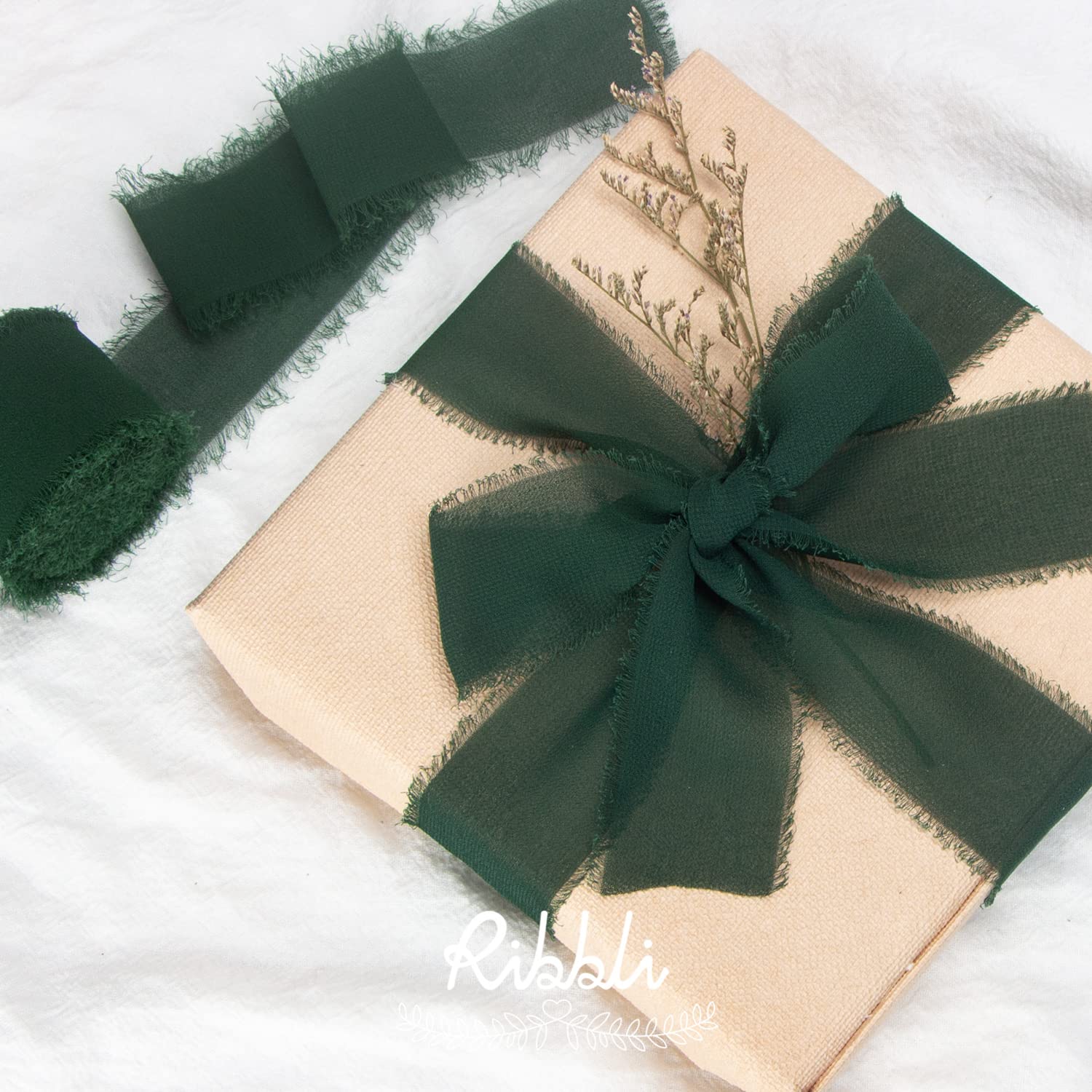 Ribbli Forest Green Chiffon Ribbon 1-12 Inch X 20 Yard Handmade Fringe Chiffon Silk Ribbon,Black Ribbon For Wedding Invitations,