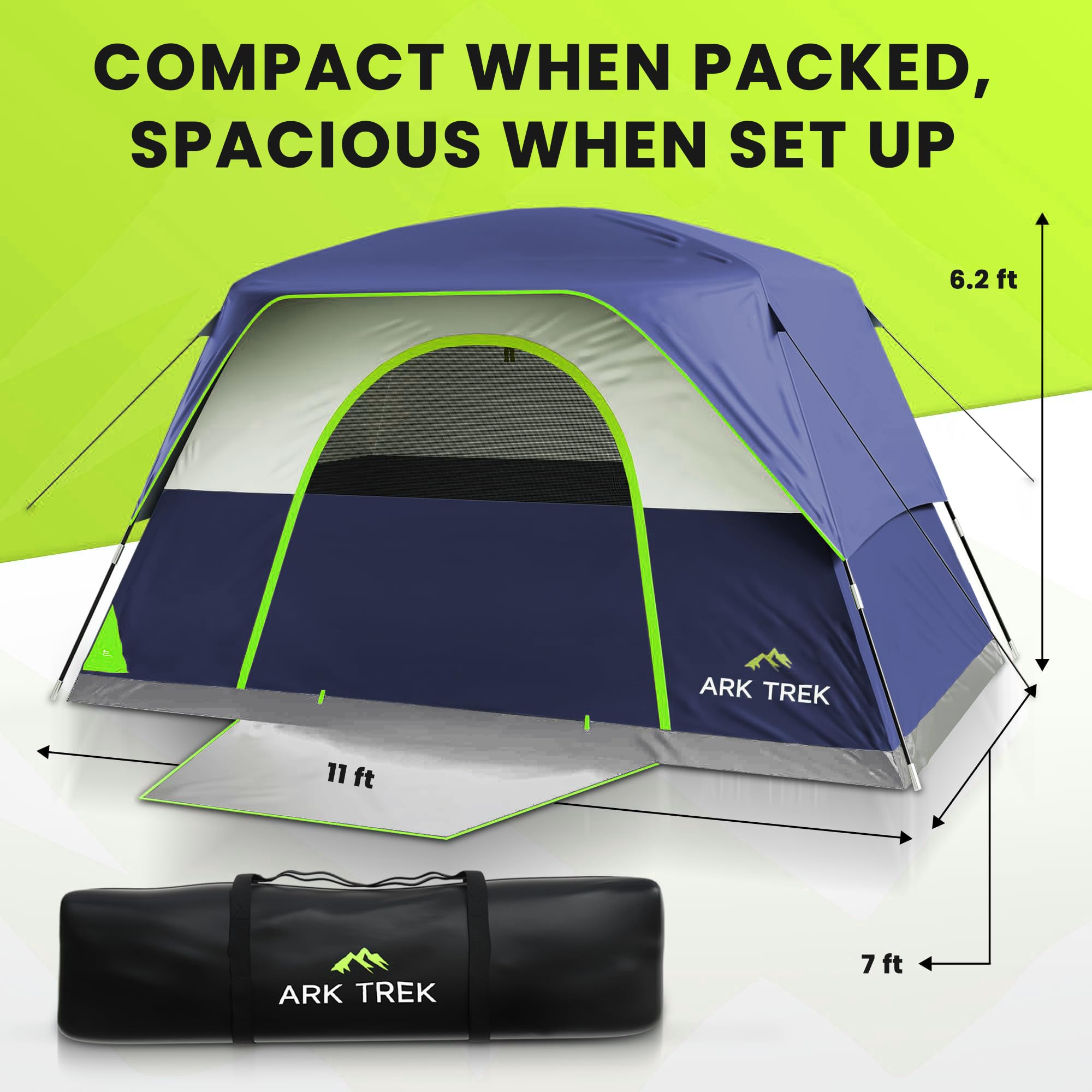 Arktrek 6 Person Tents For Camping-Robust Family Camping Tent Cabin W Ground Sheet, Rainfly Cover, Powerport-Comfy Large Quick,