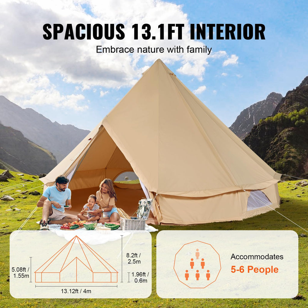 Vevor Canvas Bell Tent, Yurt Tents 4 Seasons 4 M/13.12 Ft, Canvas Tents For Camping With Stove Jack Holds Up To 6 People, Family