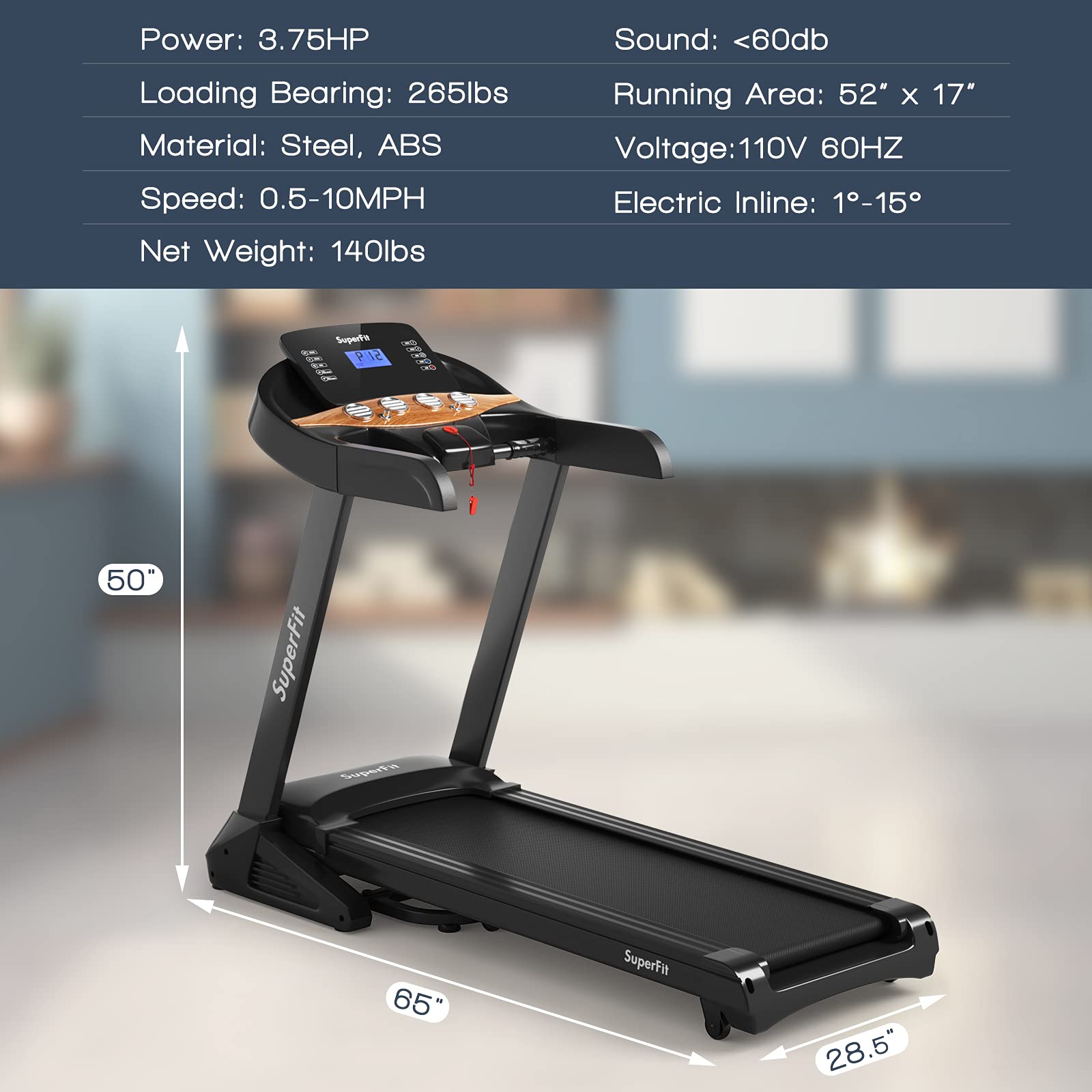 Goplus 3.75Hp Folding Treadmill With Incline, Electric Superfit Treadmill W/App Control, 12 Preset & 3 Custom Programs, Blue Too