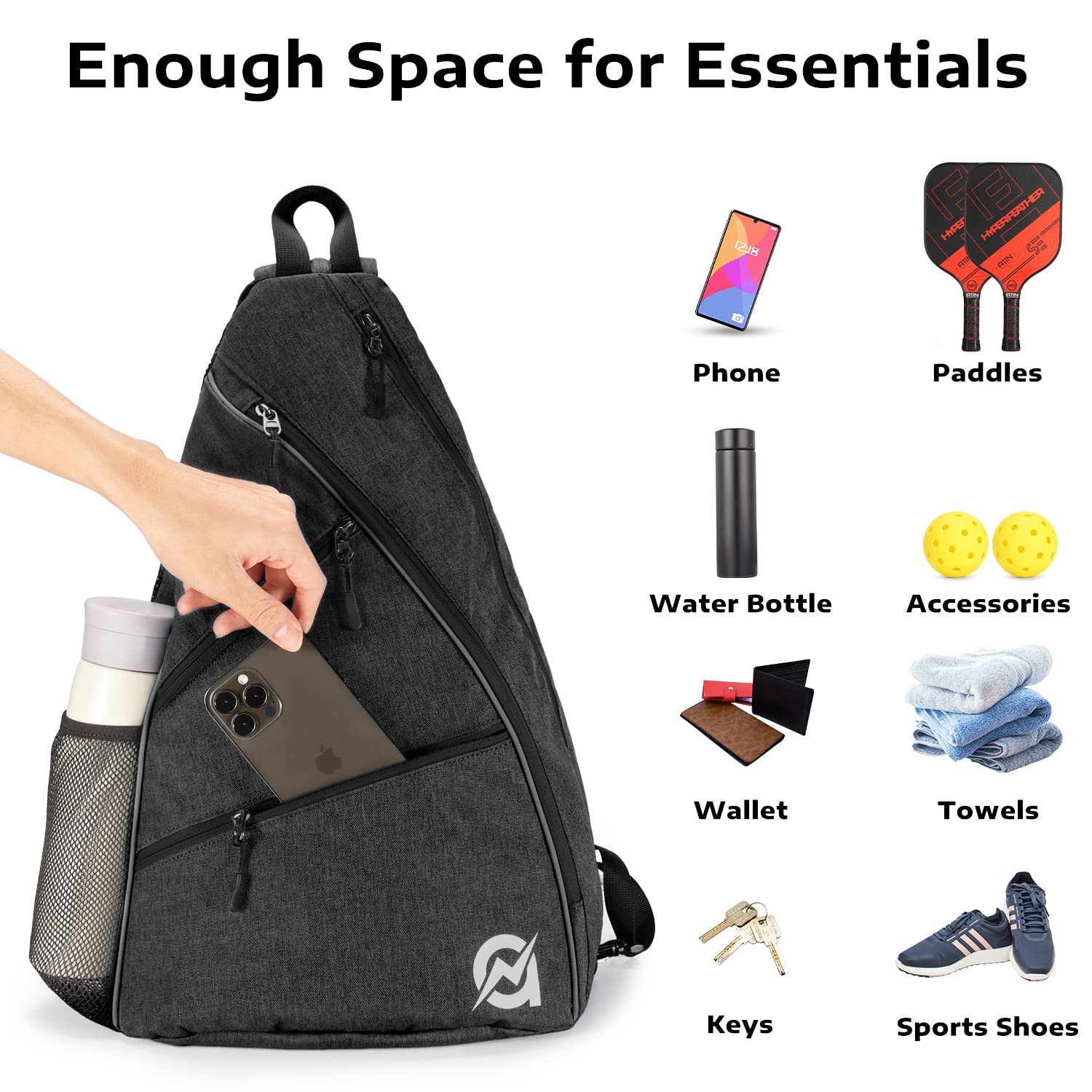 A11N Pickleball Bag, Reversible Crossbody Sling Bag/Backpack For Women Men, Black