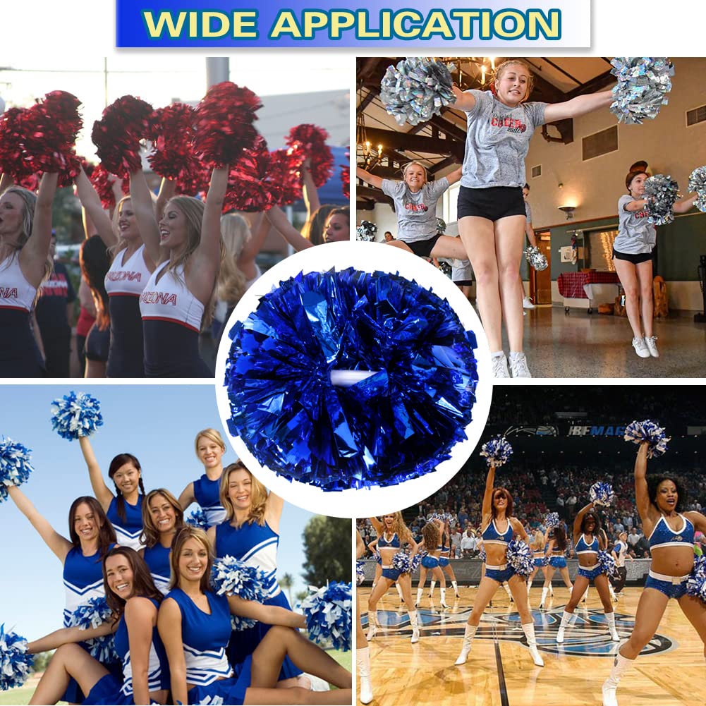 Lovecheer 2Pcs Pom Poms Cheerleading Blue Metallic Cheer Pom Poms With Baton Handle For Sports Team Spirit Party Cheering