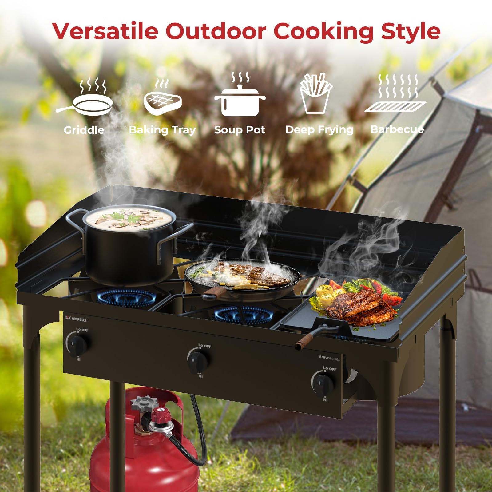 Camplux 3 Burner Camping Stove For Outdoor Cooking, 225,000 Btu Propane Outdoor Stove With Detachable Stand Legs And Windshield,