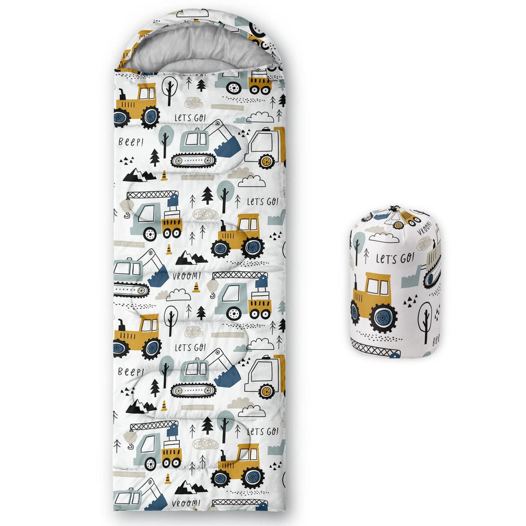Datura Home Kids Sleeping Bag For Boys Girls,Construction Truck Print-Lightweight Warm Portable Outdoor Indoor-Waterproof Cold W