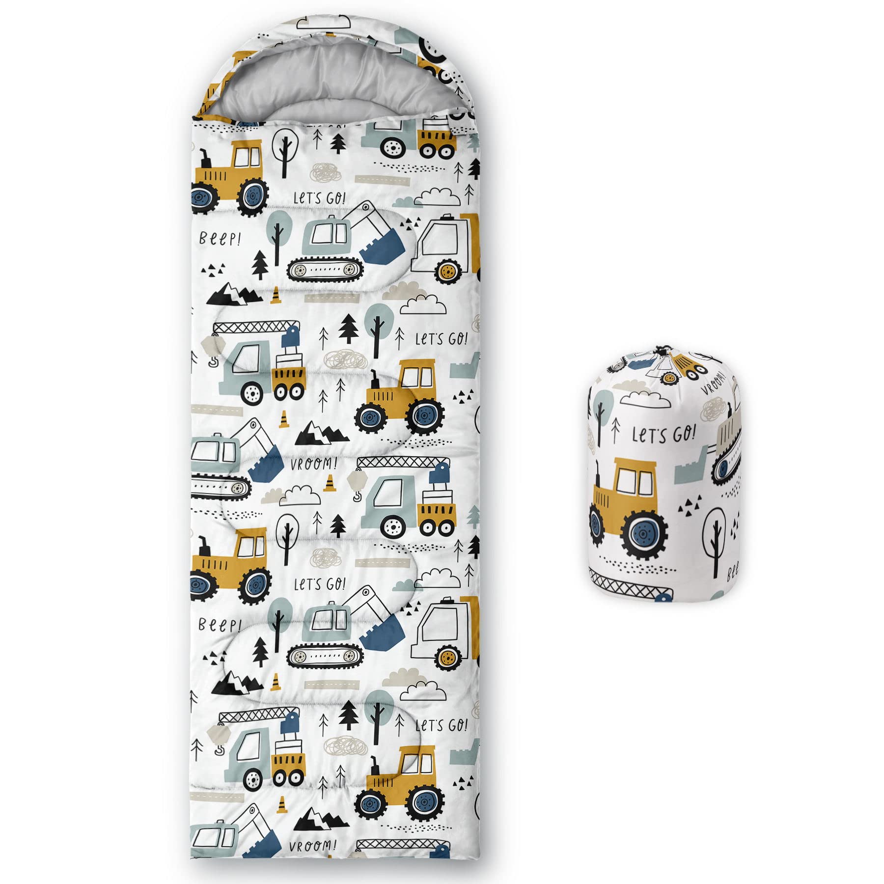 Datura Home Kids Sleeping Bag For Boys Girls,Construction Truck Print-Lightweight Warm Portable Outdoor Indoor-Waterproof Cold W