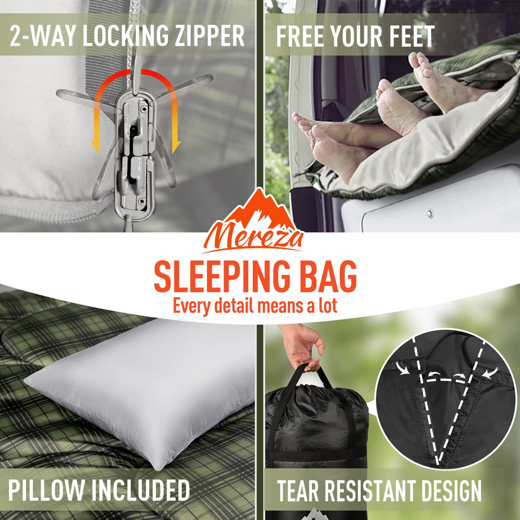 Mereza Sleeping Bag For Adults Mens Kids With Pillow, Cold Weather Xl Sleeping Bag With Compression Sack For All Season Camping