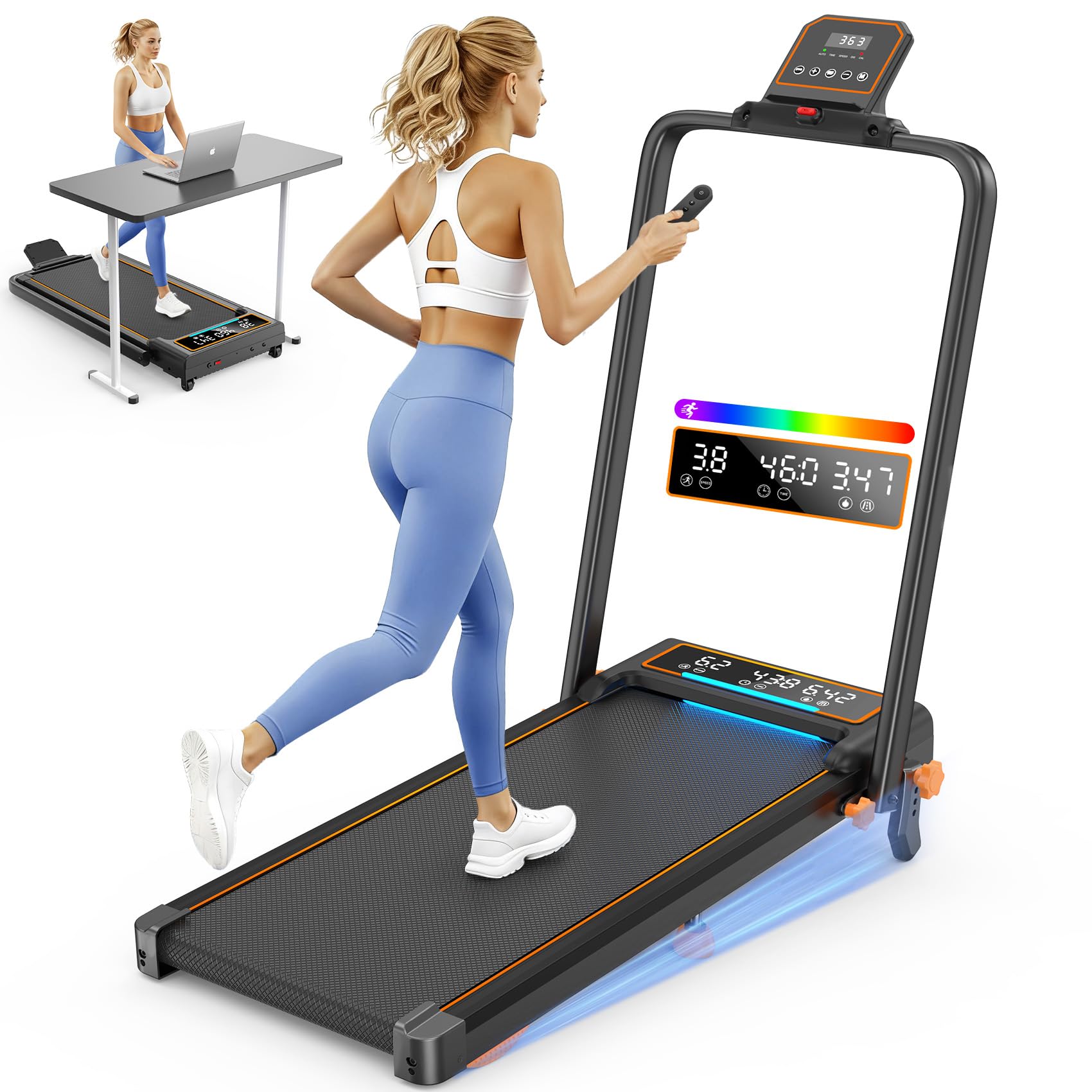 Walking Pad Treadmill with 15% Incline & Dual LED Display, 4 in 1 Walking Pad with Handle Bar, 3.5HP Foldable Treadmill with Inc
