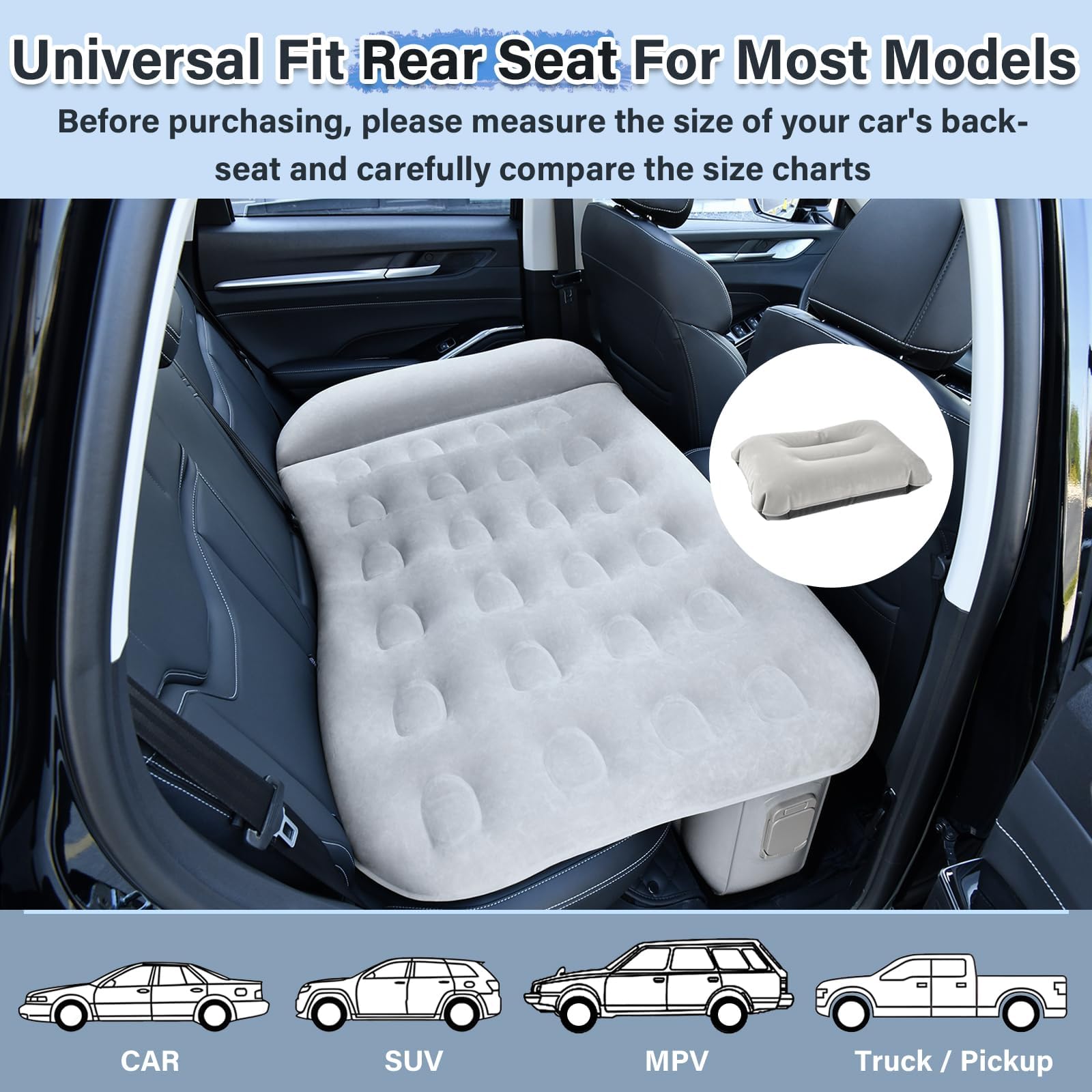 Coverado Car Air Mattress Back Seat, Portable Wireless Inflatable Bed with Built in Air Pump&Pllow, Storage Bag, Patch Kit, Univ