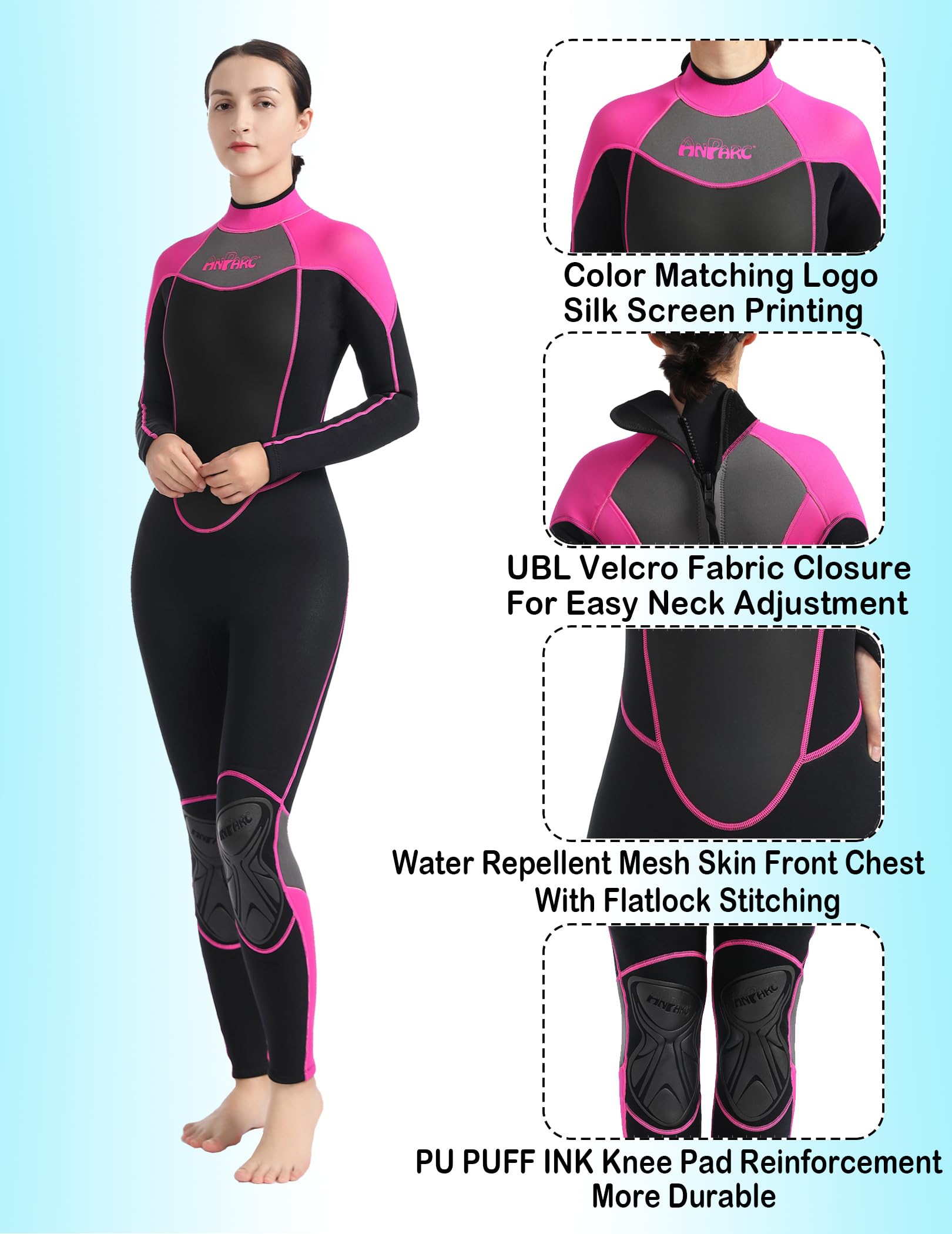 Anparc Wetsuit Women 3Mm Neoprene Full Body Wet Suit, Cold Water Wetsuit With Back Zipper, Suitable For Diving, Swimming, Surfin