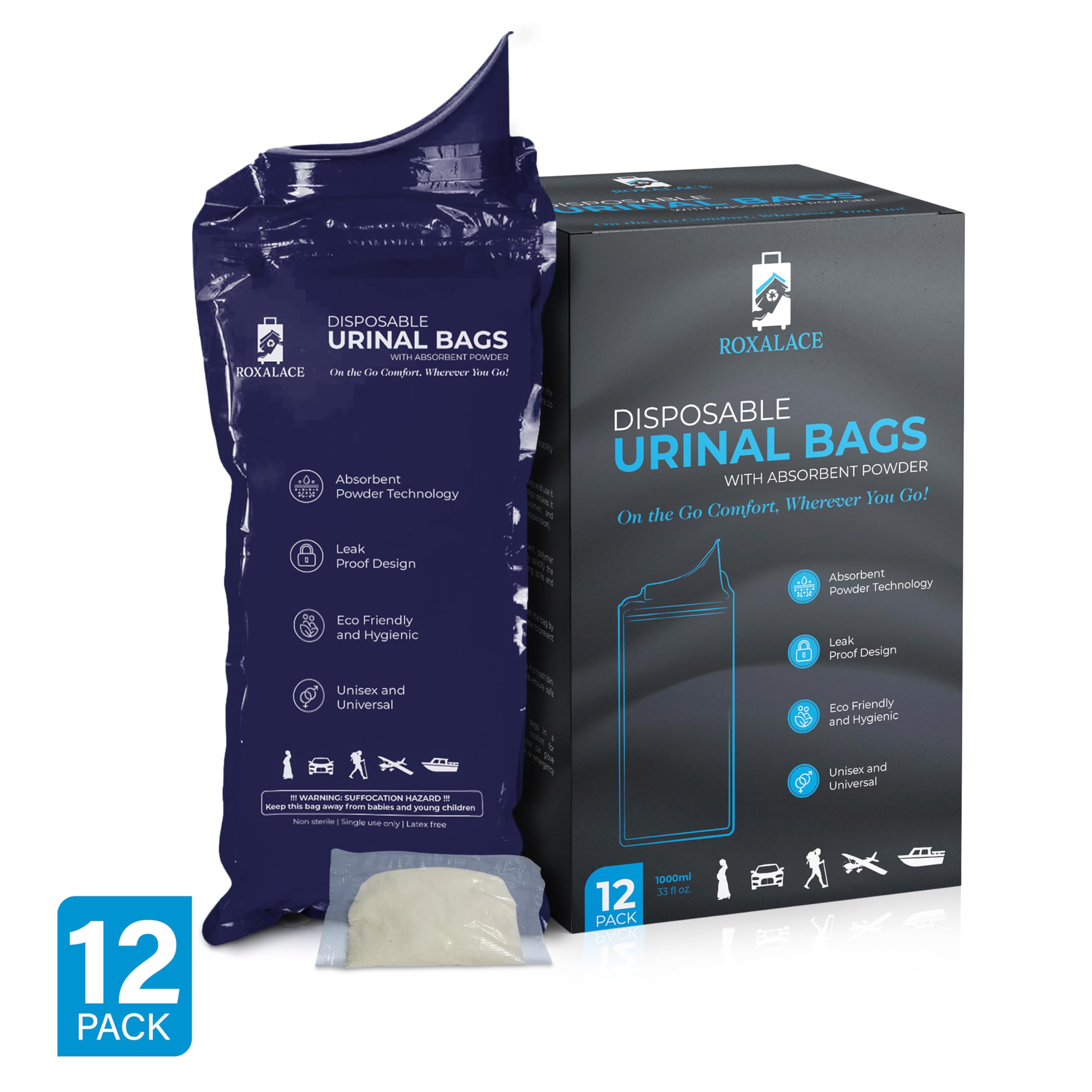 Roxalace Disposable Urinal Bags, 12 Pack 1000 Ml Unisex Urine Bag Travel Traffic Jam Emergency Urinals Bag, Camping Pee Bags, Po