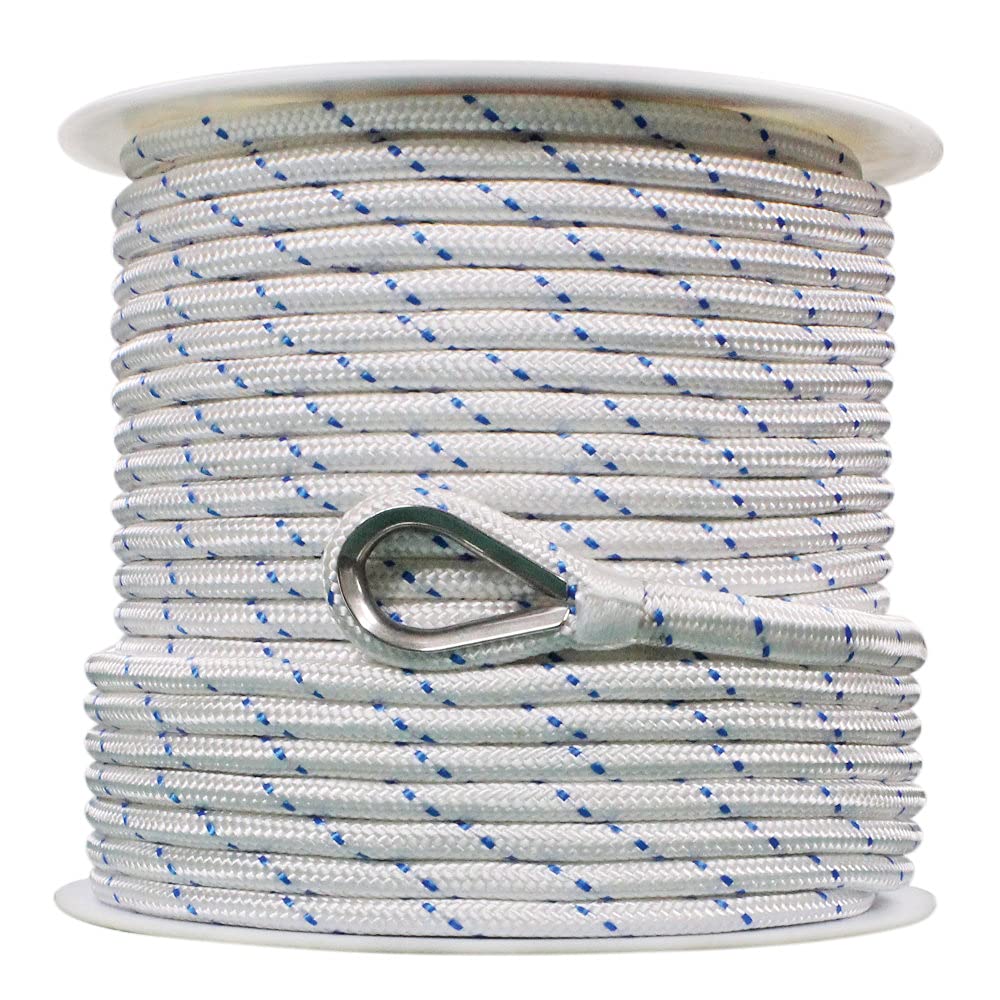 Extreme Max 3006.2529 Boattector Double Braid Nylon Anchor Line With Thimble - 1/2'' X 800', White W/ Blue Tracer