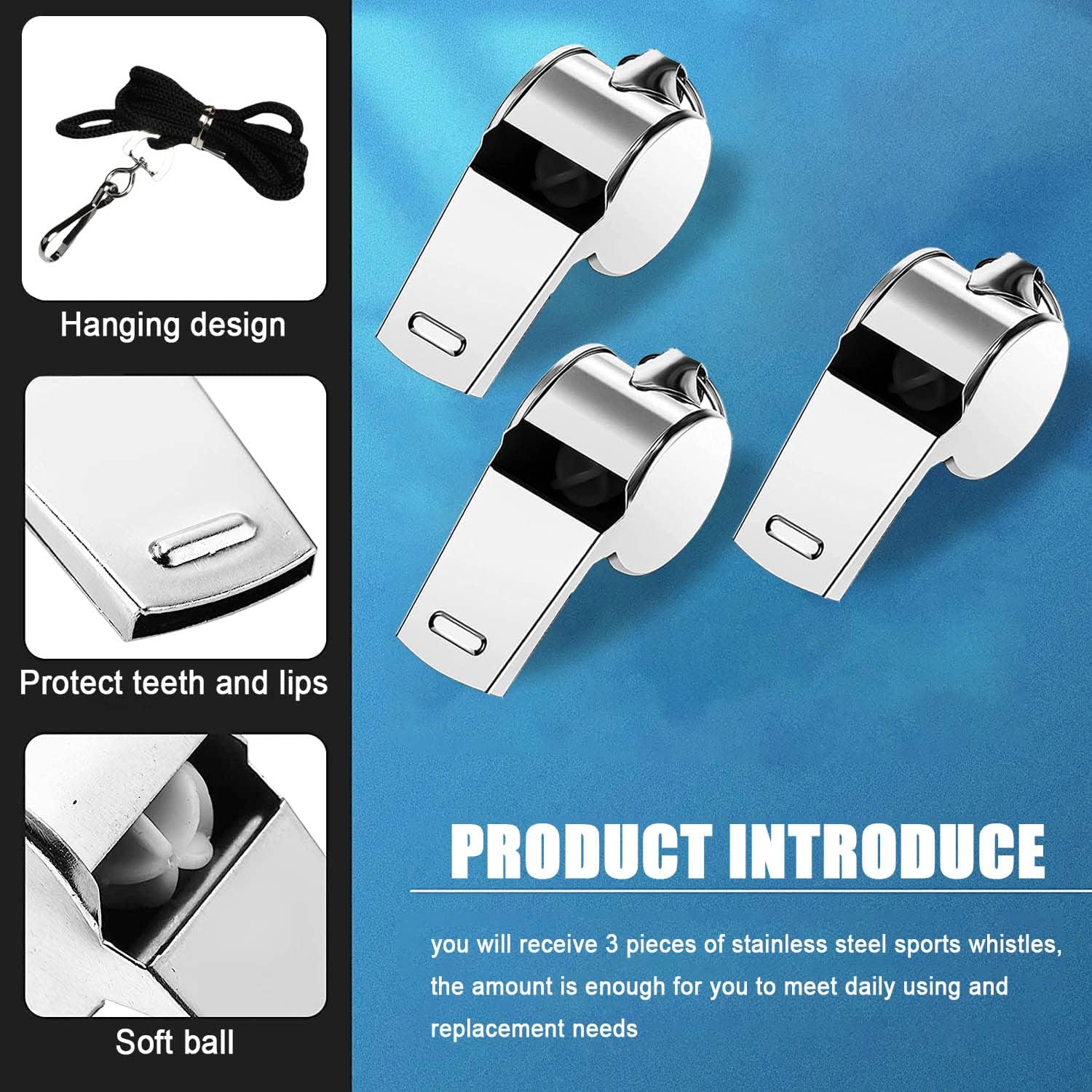 Tiankohelan 3 Pcs Whistle,Stainless Steel Sports Whistle With Lanyard For Directing Traffic Outdoor Adventure Sports Pet Trainin