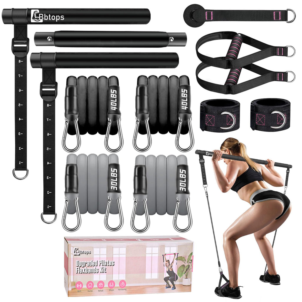 Pilates Bar Kit with Resistance Bands(4 x Bands),3-Section Pilates Flexbands Kit Workout Equipment for Legs,Hip,Waist and Arm,Fi