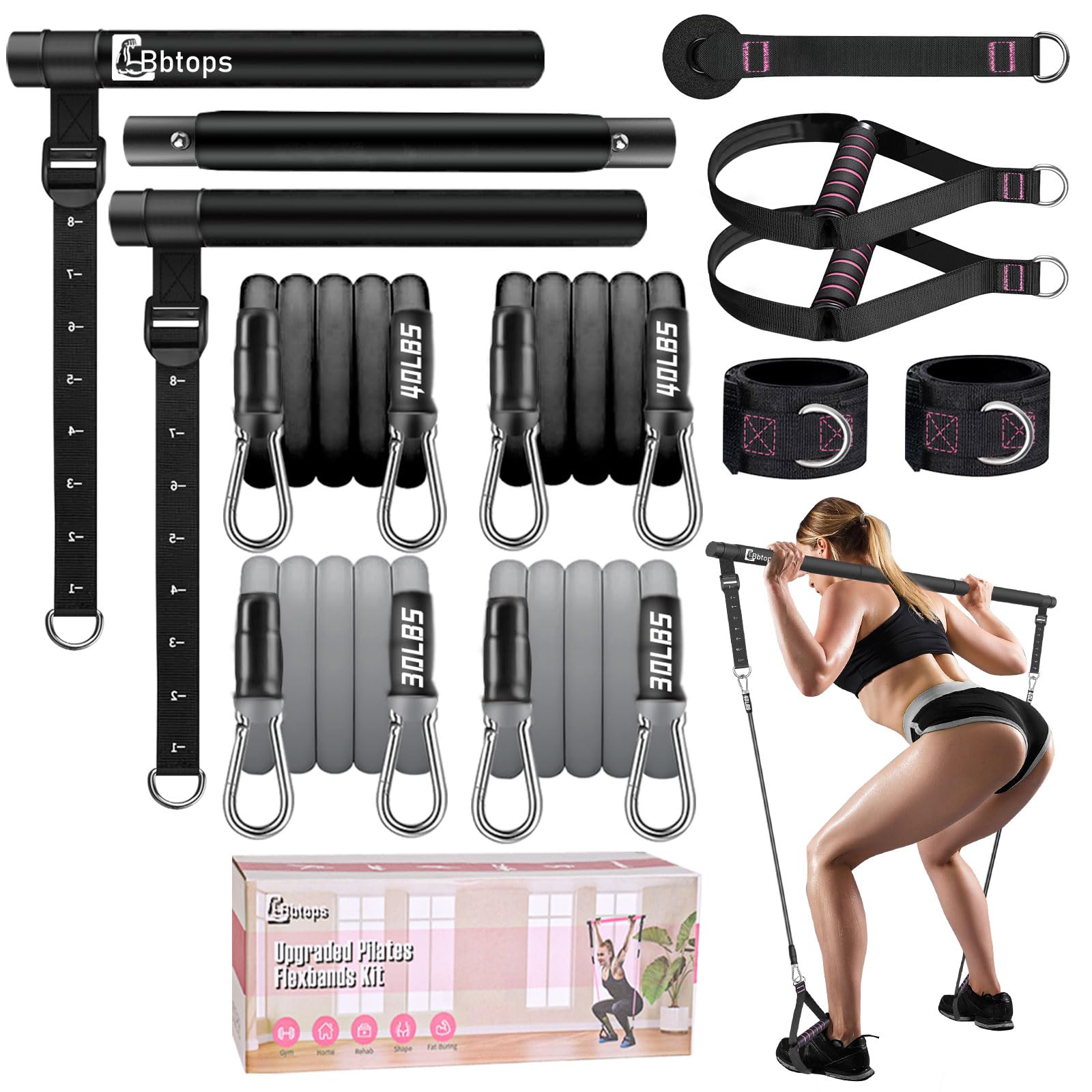 Pilates Bar Kit with Resistance Bands(4 x Bands),3-Section Pilates Flexbands Kit Workout Equipment for Legs,Hip,Waist and Arm,Fi