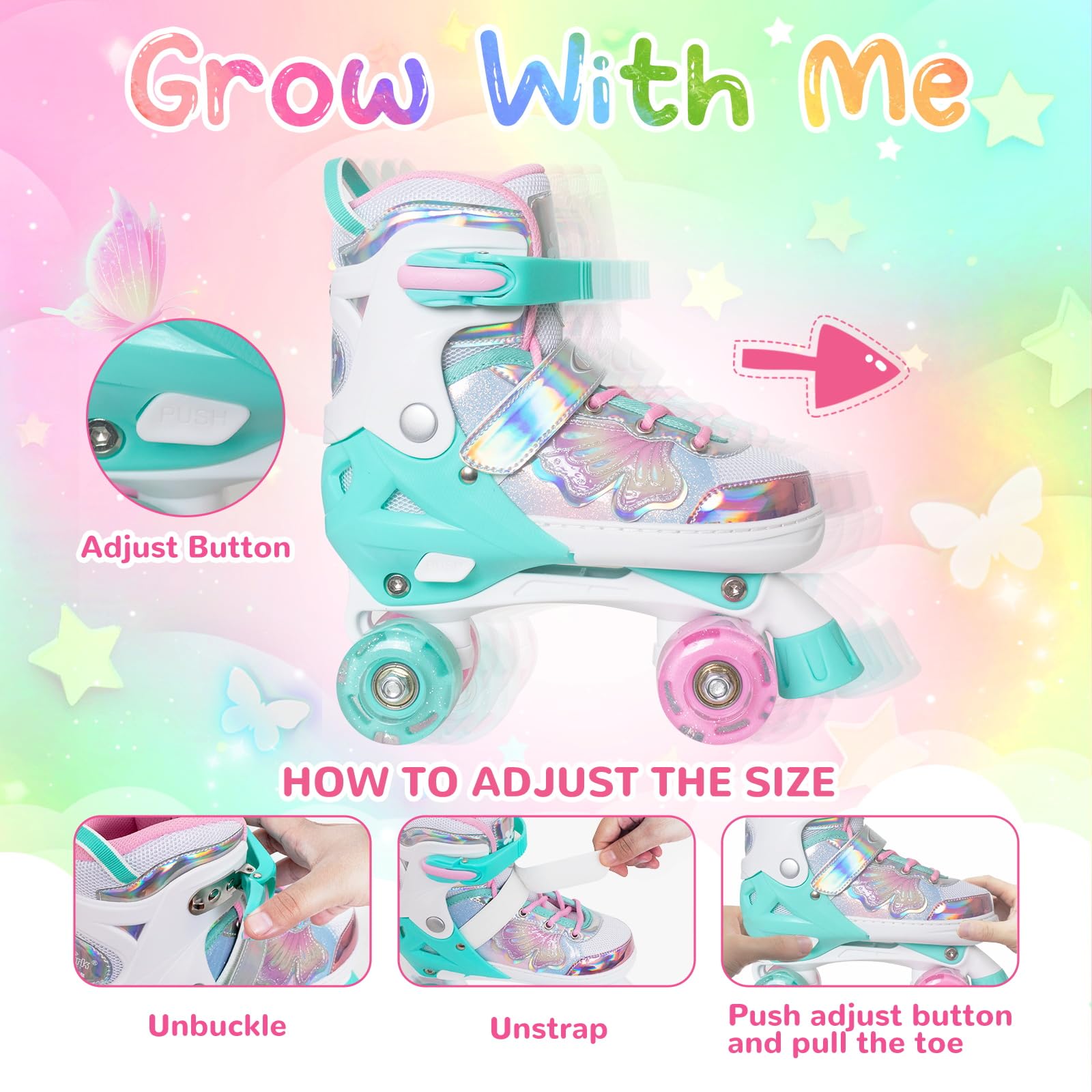 Kids Roller Skates For Girls Boys - Teal For Little Kids Age 4 5 6 7- Adjustable All Light Up Wheels Indoor Outdoor Sports Birth