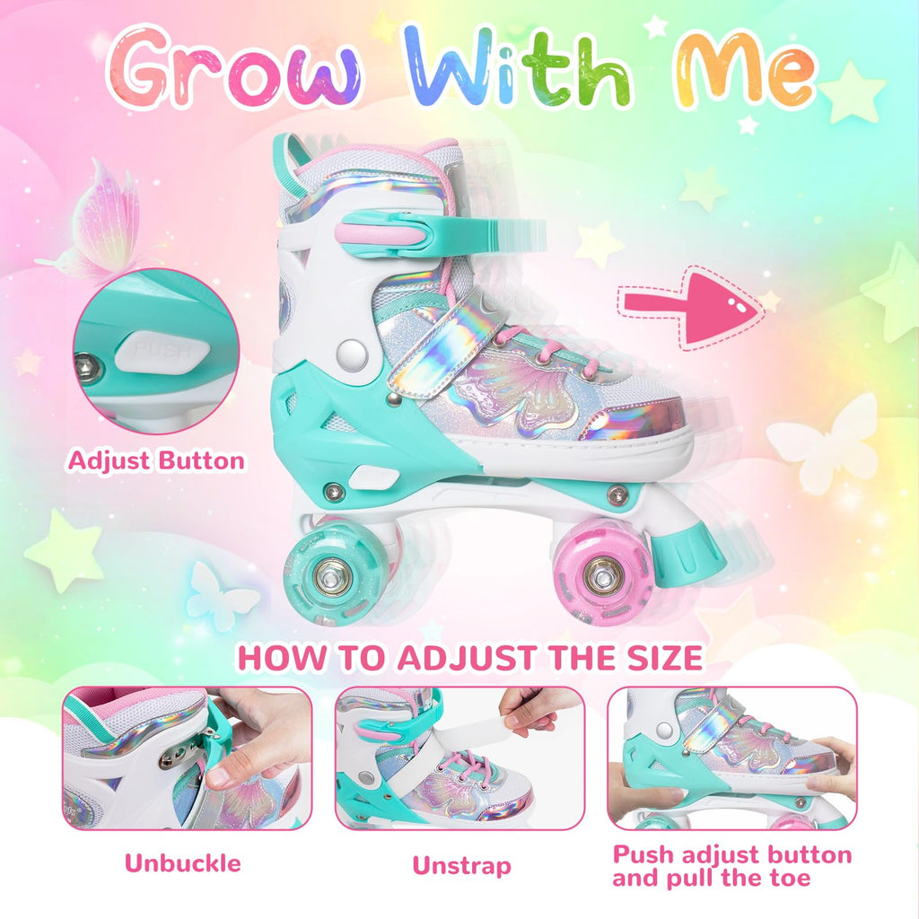 Kids Roller Skates For Girls Boys - Teal For Teenagers Youth Age 10 11 12 - Adjustable All Light Up Wheels Butterfly And Flower