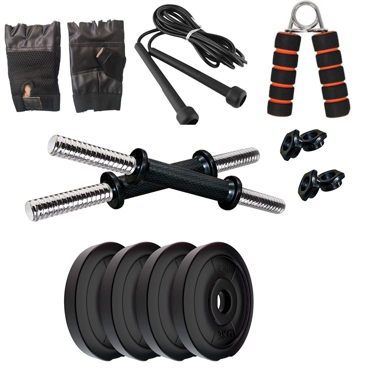 Spanco Home Gym With 10 Kg. P.V.C Weight Plates (2.5 Kg X 4 = 10 Kg), Chrome 14 Inch Long Dumbell Rods With Gym Gloves, Skipping