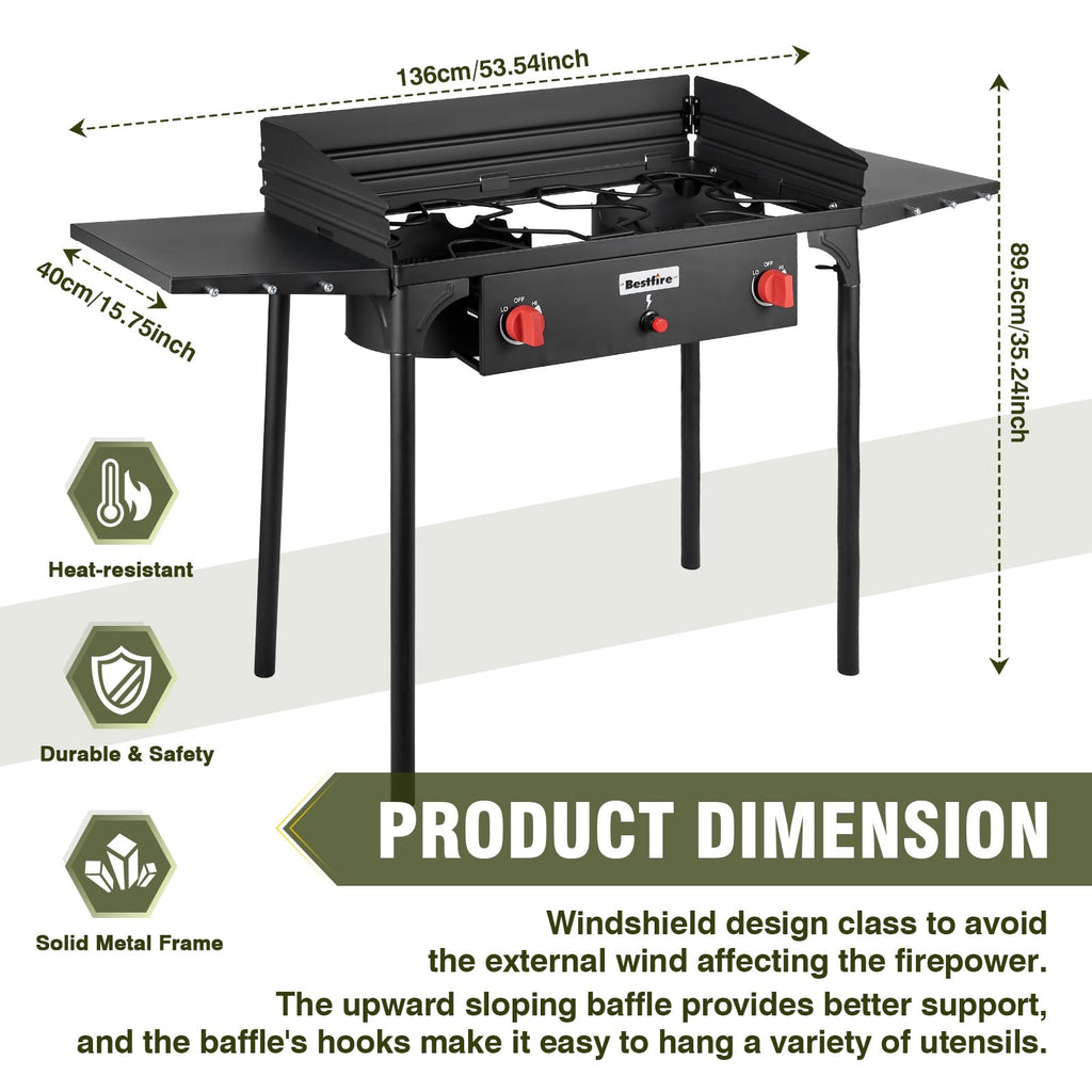 Bestfire 2 Burner Camping Stove With Windpanel& Side Shelves, Bag, Auto Ignition Button,Regulator,150,000 Btu Camping Stove Prop
