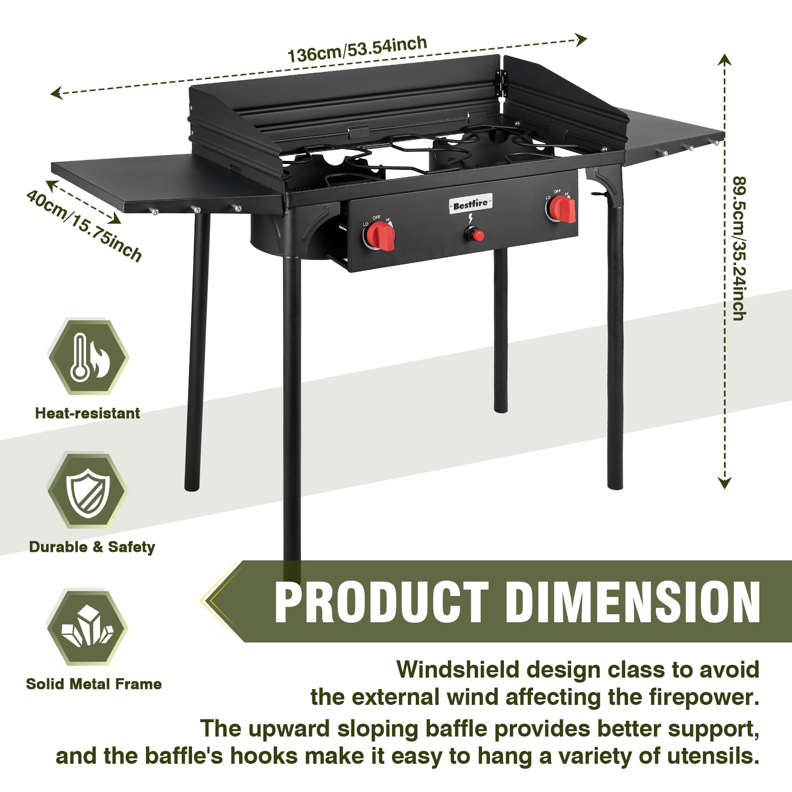 Bestfire 2 Burner Camping Stove With Windpanel& Side Shelves, Bag, Auto Ignition Button,Regulator,150,000 Btu Camping Stove Prop
