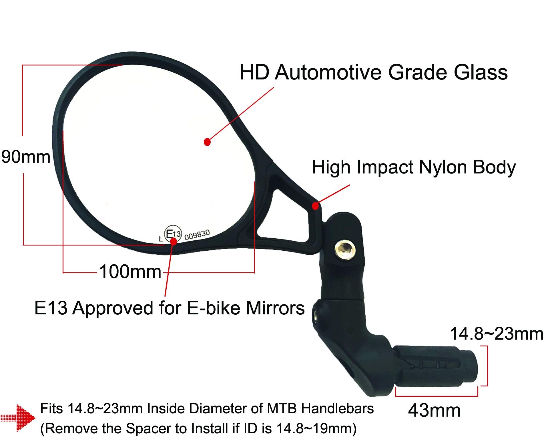 Hafny E13 Approved E-Bike Mirror, Large Surface Bar End Bike Mirror, Hd Automotive Glass Bicycle Mirror, Safe Blast-Resistance C