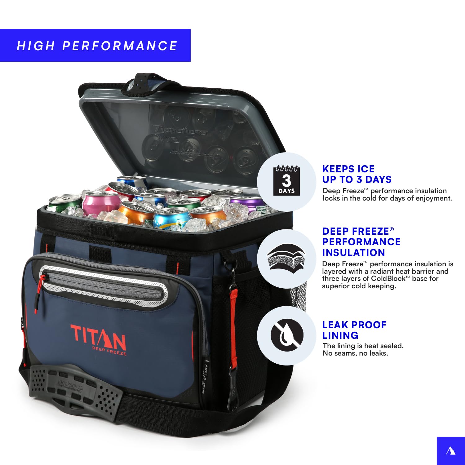Arctic Zone Titan Deep Freeze Cooler - 30 Can Zipperless Hardbody Cooler - Navy Blue With Deep Freeze Insulation, Hardbody Liner