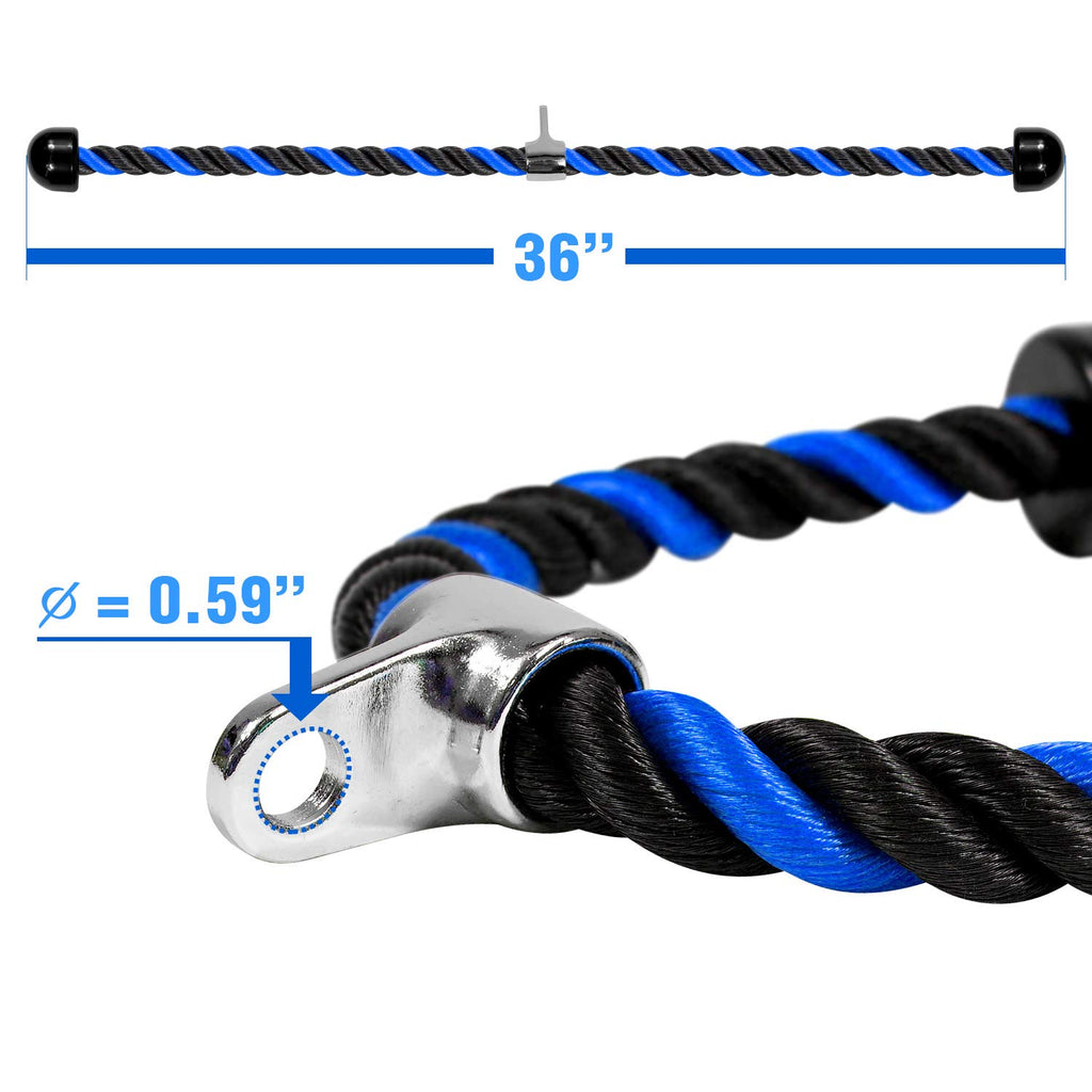 Yes4All Deluxe Blue Black Tricep Rope 36 Inches Black Cable Attachment, Pulley System Gym Pull Down Rope With Carabiner, Exercis