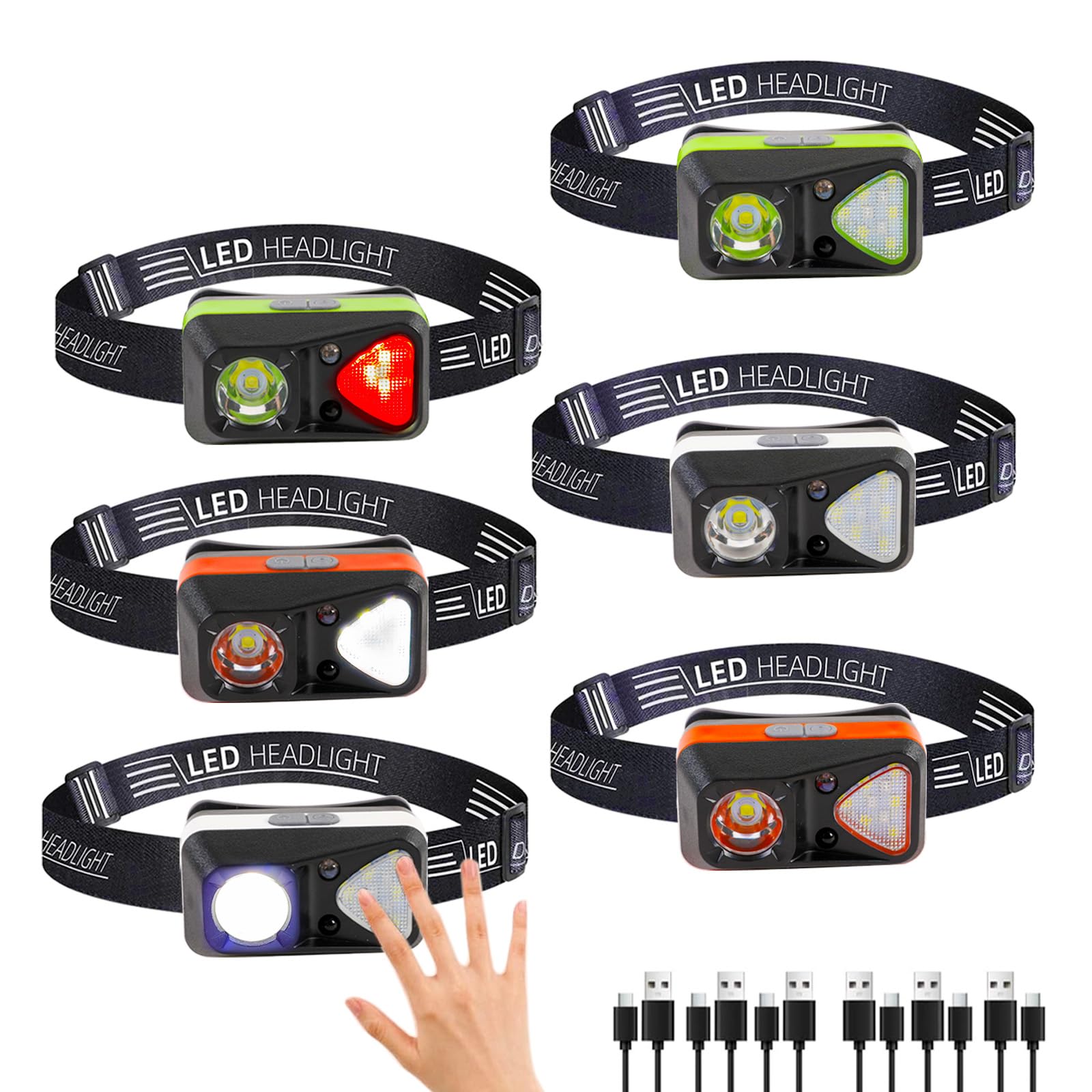 6 Pack Rechargeable Headlamp Flashlight, LED Head Lamp with White Red Light, Super Bright USB-C Headlight Motion Sensor Head Lam