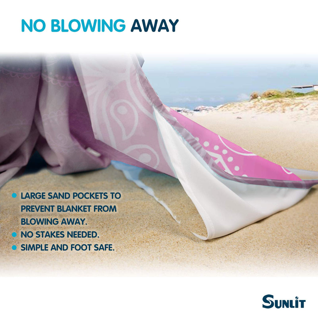Sunlit Silky Soft 106''X81'' Boho Sand Proof Beach Blanket Sand Proof Mat With Corner Pockets And Mesh Bag For Beach Party, Trav