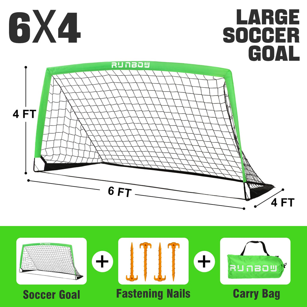 Runbow 6X4 Ft Portable Kids Soccer Goal For Backyard Practice Soccer Net With Carry Bag (6X4 Ft, Green, 1 Pack)