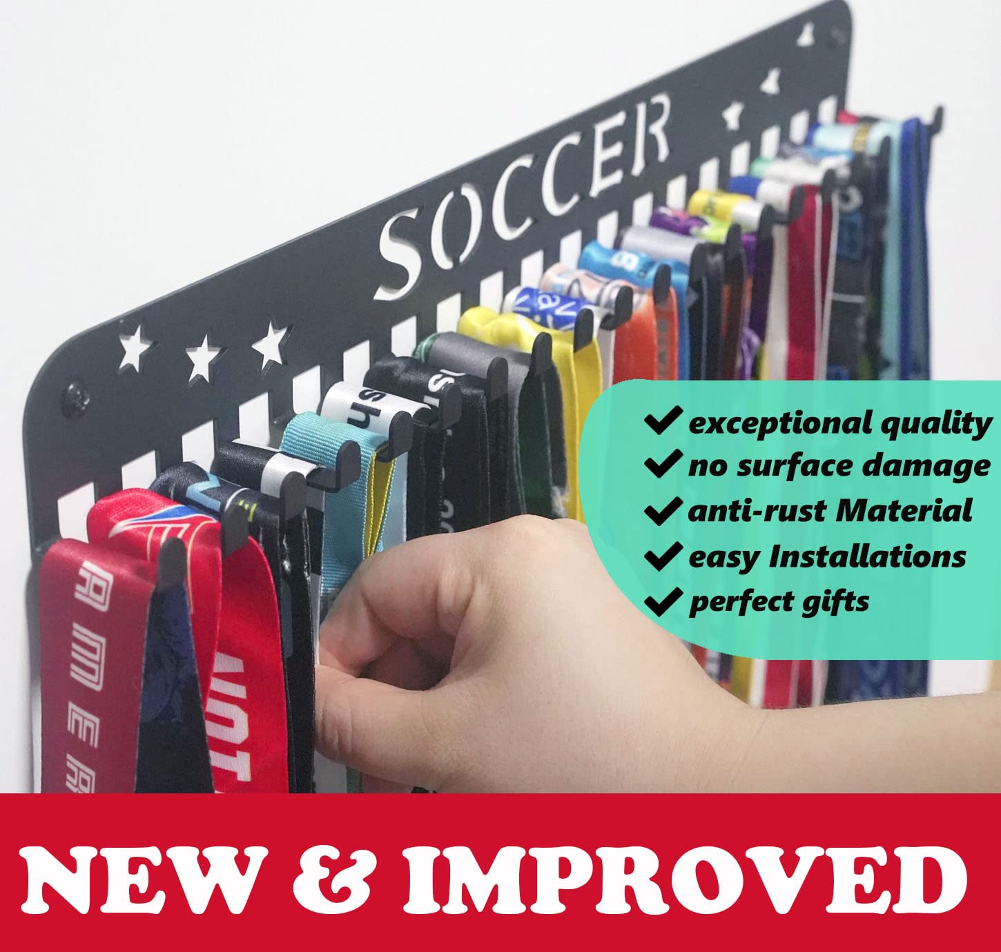 Soccer Sports Medal Holder Hanger Display Rack With 20 Hooks,Soccer Medal Holder For Wall With 16Inchl,Sports Medal Hanger Displ